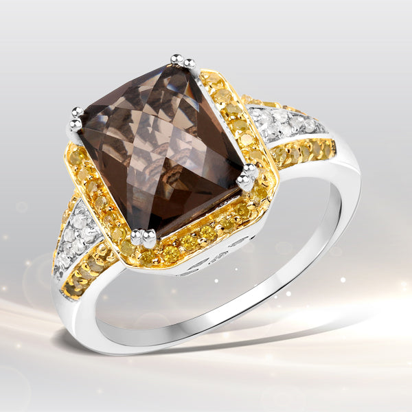 3.48 Carat Genuine Smoky Quartz, Yellow Diamond and White Diamond .925 Sterling Silver Ring on sale at MyriadMart
