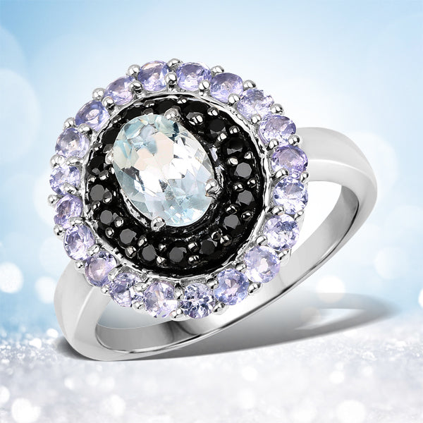1.77 Carat Genuine Aquamarine, Black Spinel and Tanzanite .925 Sterling Silver Ring on sale at MyriadMart