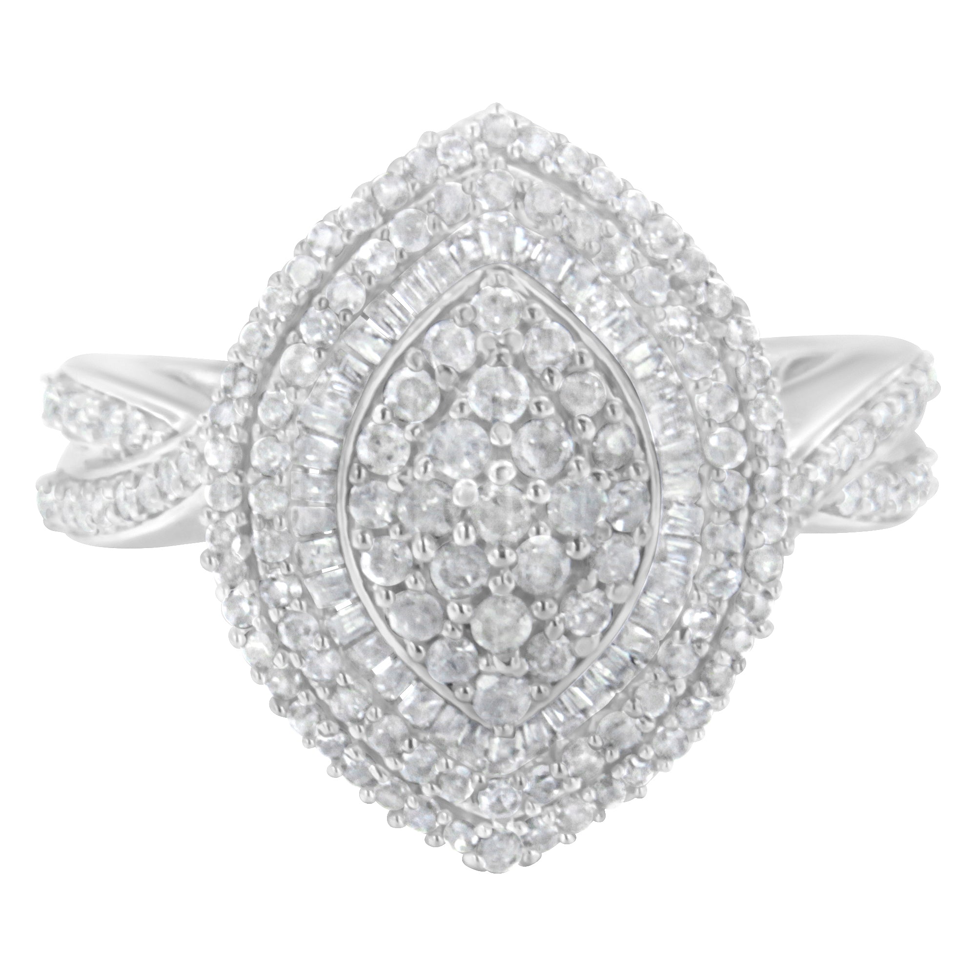 .925 Sterling Silver 1.0 Cttw Round & Baguette-Cut Diamond Marquise-Shaped Cluster Triple Stepped Halo Cocktail Fashion Ring I-J Color, I2-I3 Clarity - Size 7 on sale at MyriadMart