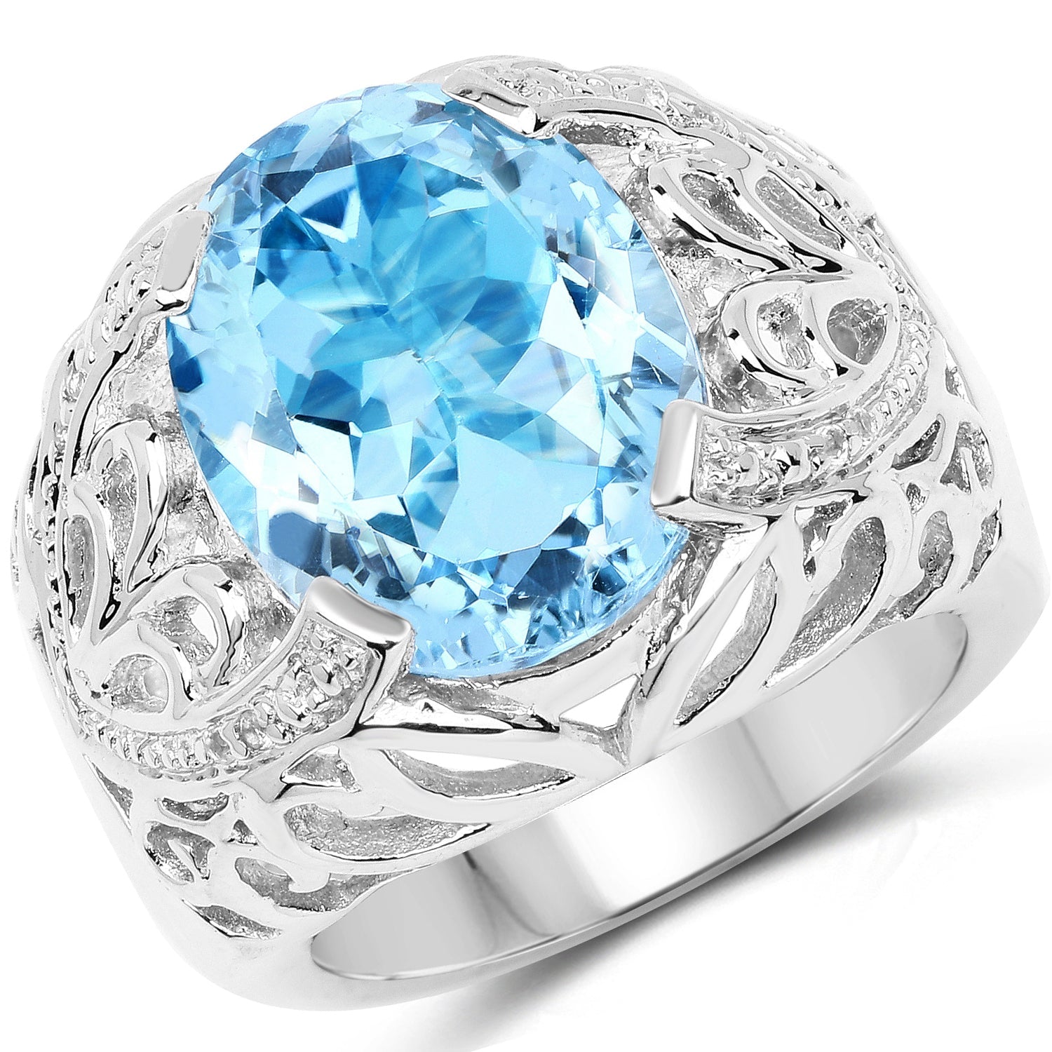 11.29 Carat Genuine Blue Topaz and White Topaz .925 Sterling Silver Ring on sale at MyriadMart