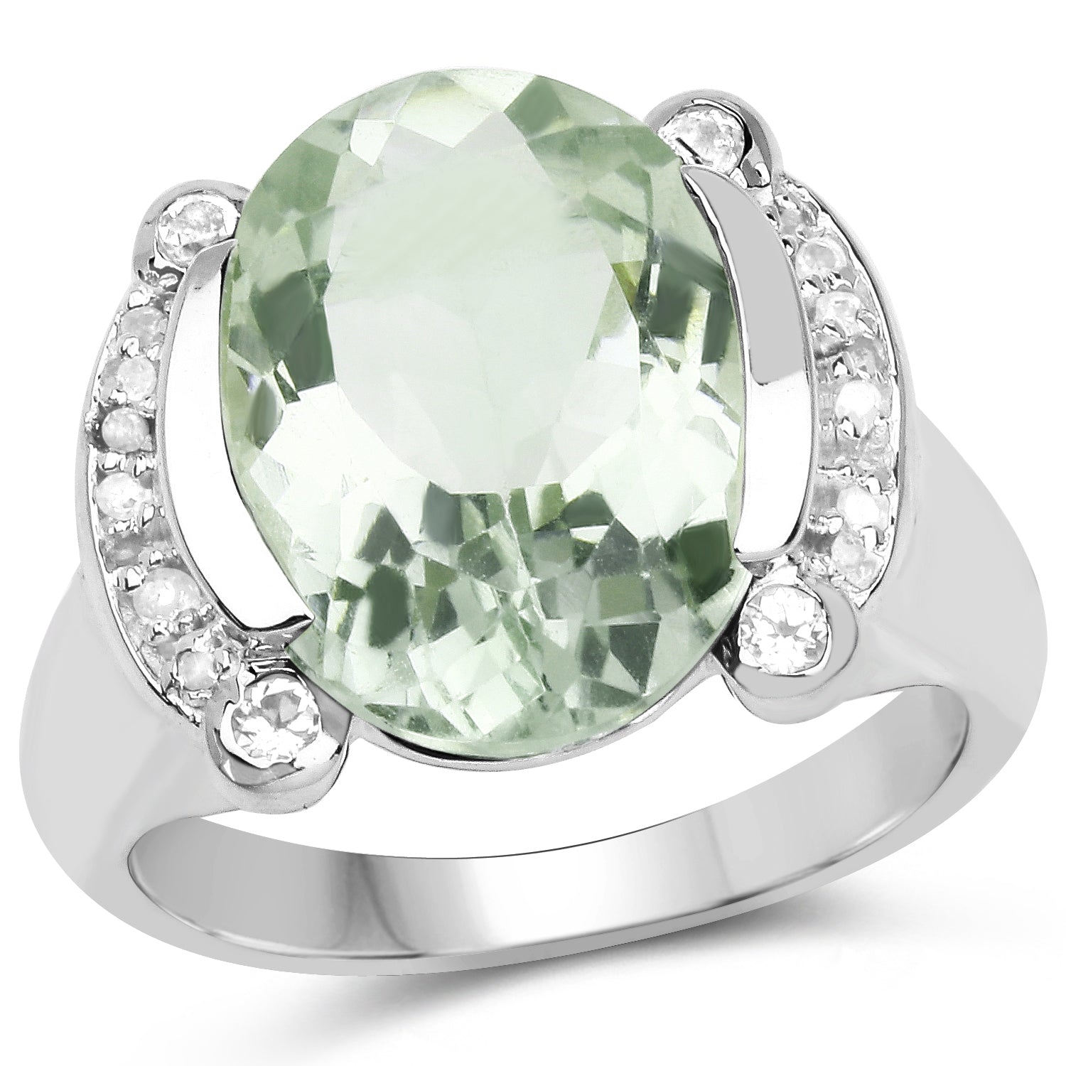 8.12 Carat Genuine Green Amethyst, White Topaz & White Diamond .925 Sterling Silver Ring on sale at MyriadMart