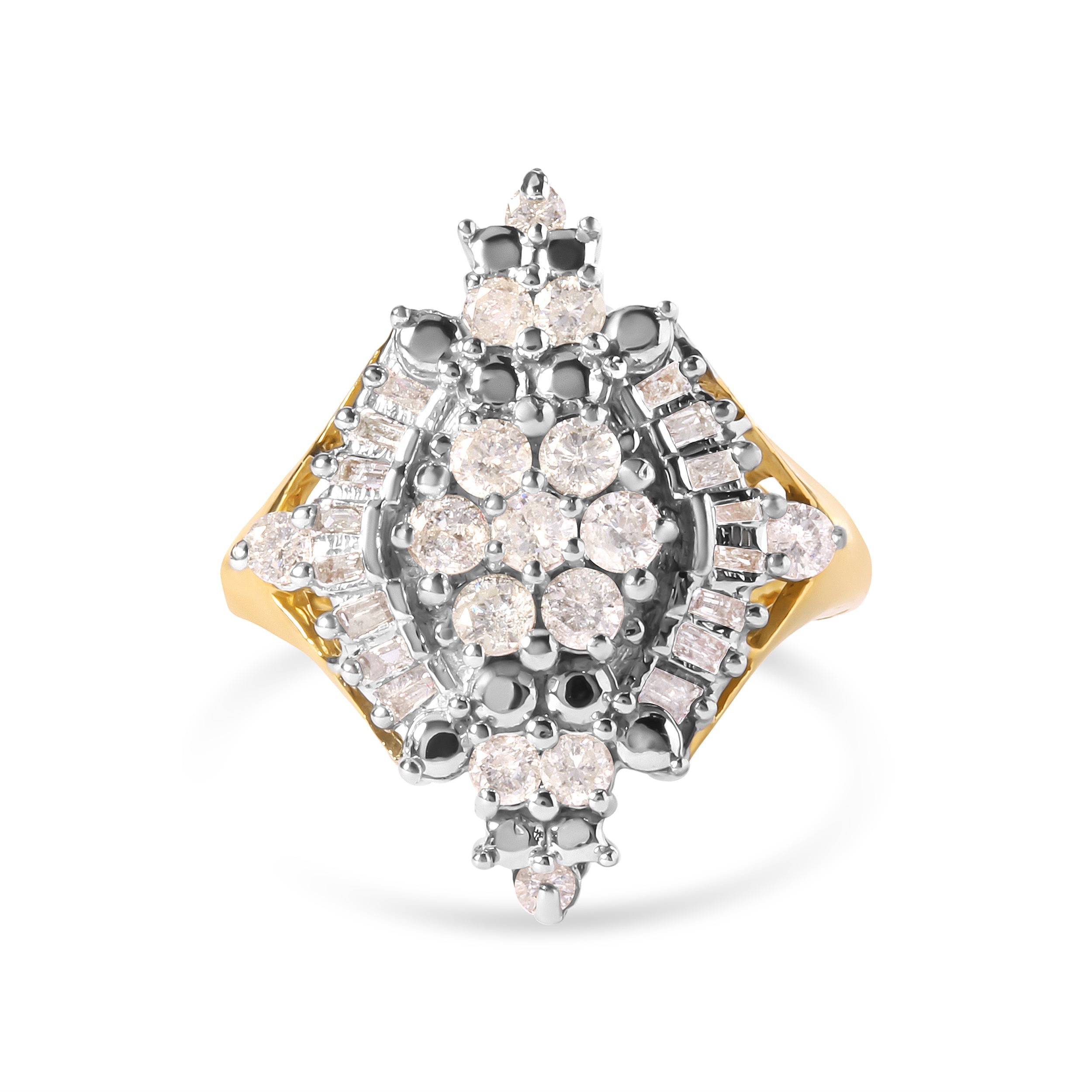 10K Yellow Gold 1 Cttw Round and Baguette cut Diamond Cluster and Rhombus Halo Ring H-I Color, I1-I2 Clarity - Ring Size 7 on sale at MyriadMart