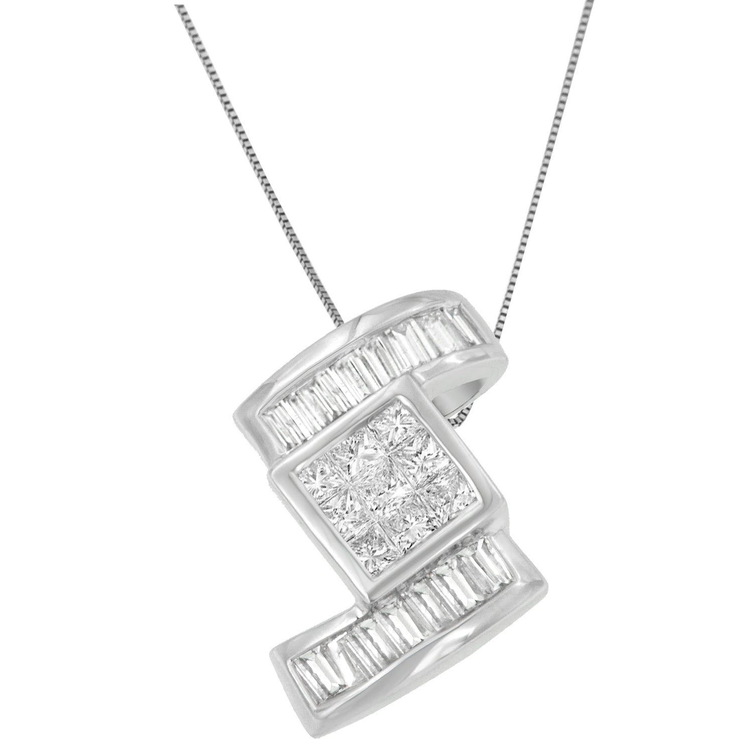 14K White Gold 1 2/5 cttw Princess and Baguette Cut Diamond Zig Zag Pendant Necklace H-I, SI1-SI2 on sale at MyriadMart