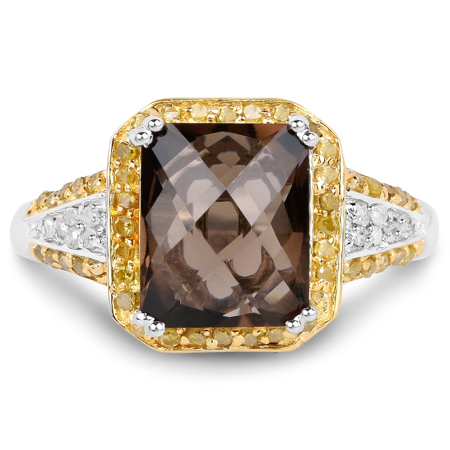 3.48 Carat Genuine Smoky Quartz, Yellow Diamond and White Diamond .925 Sterling Silver Ring on sale at MyriadMart