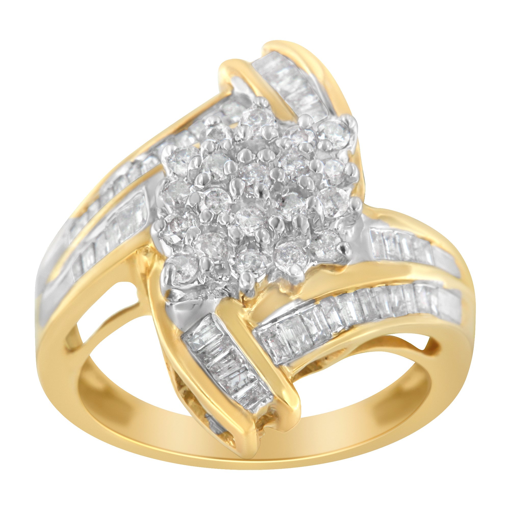 10K Yellow Gold Round and Baguette-Cut Diamond Bypass Cluster Ring 1.0 Cttw, I-J Color, I1-I2 Clarity - Size 8 on sale at MyriadMart
