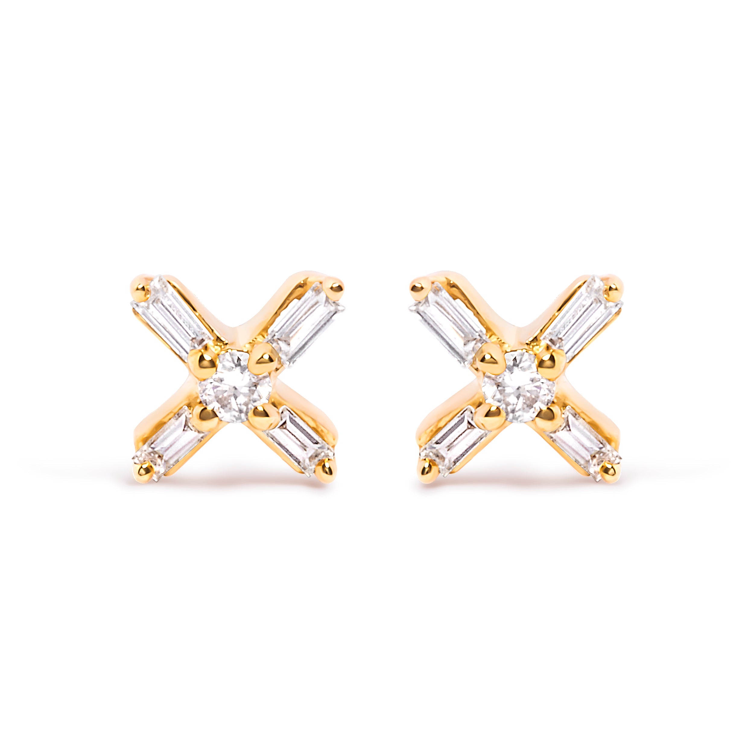 10K Yellow Gold 1/10 Cttw Round and Baguette Diamond Criss Cross X Stud Earring H-I Color, I1-I2 Clarity on sale at MyriadMart