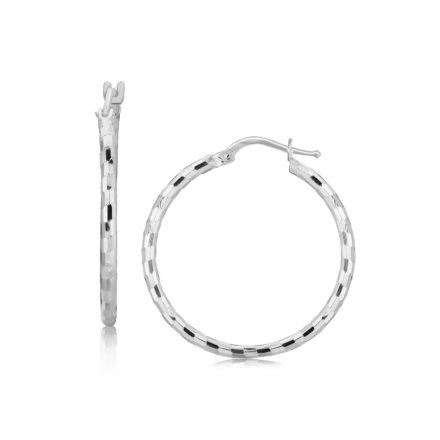 Sterling Silver Hoop Design Diamond Cut Earrings with Rhodium Plating 26mm on sale at MyriadMart