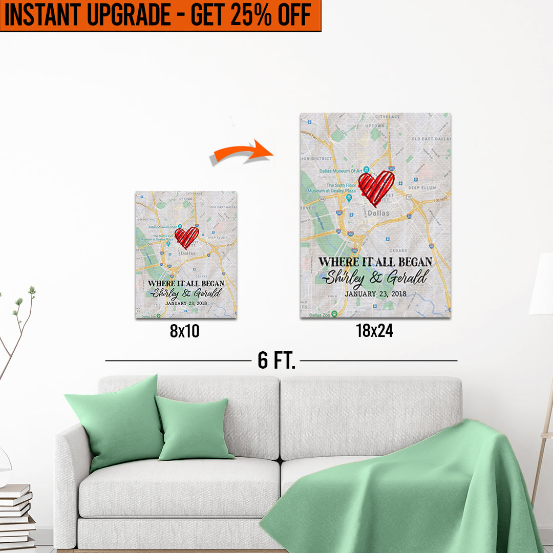 Upgrade Your 8x10 Inches 'Where It All Began Couple Map' Canvas To 18x24 Inches on sale at MyriadMart