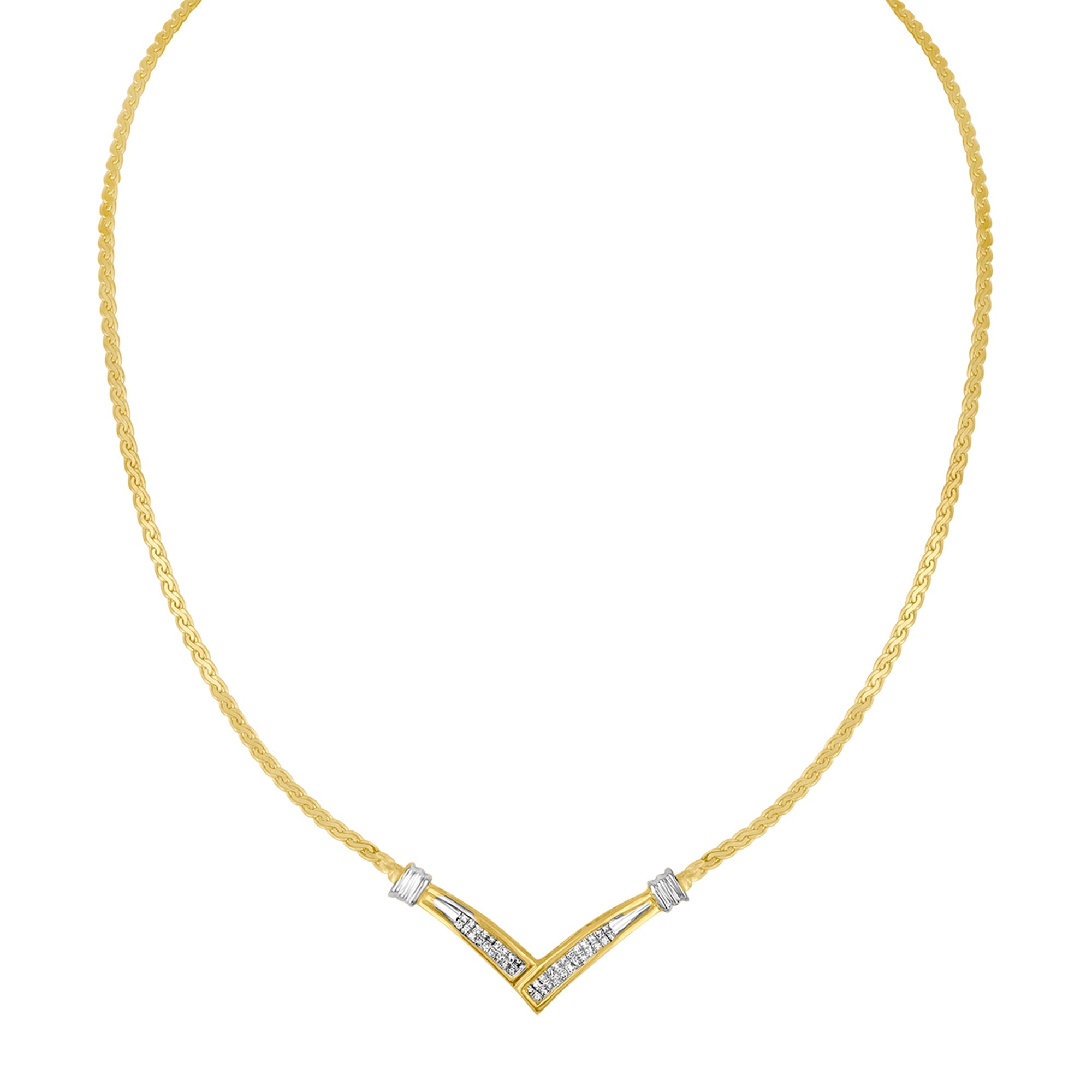 10K Yellow and White Gold 1/2 Cttw Princess Cut Diamond Channel-Set â€œVâ€ Shape 18" Franco Chain Necklace H-I Color, SI2-I1 Clarity on sale at MyriadMart