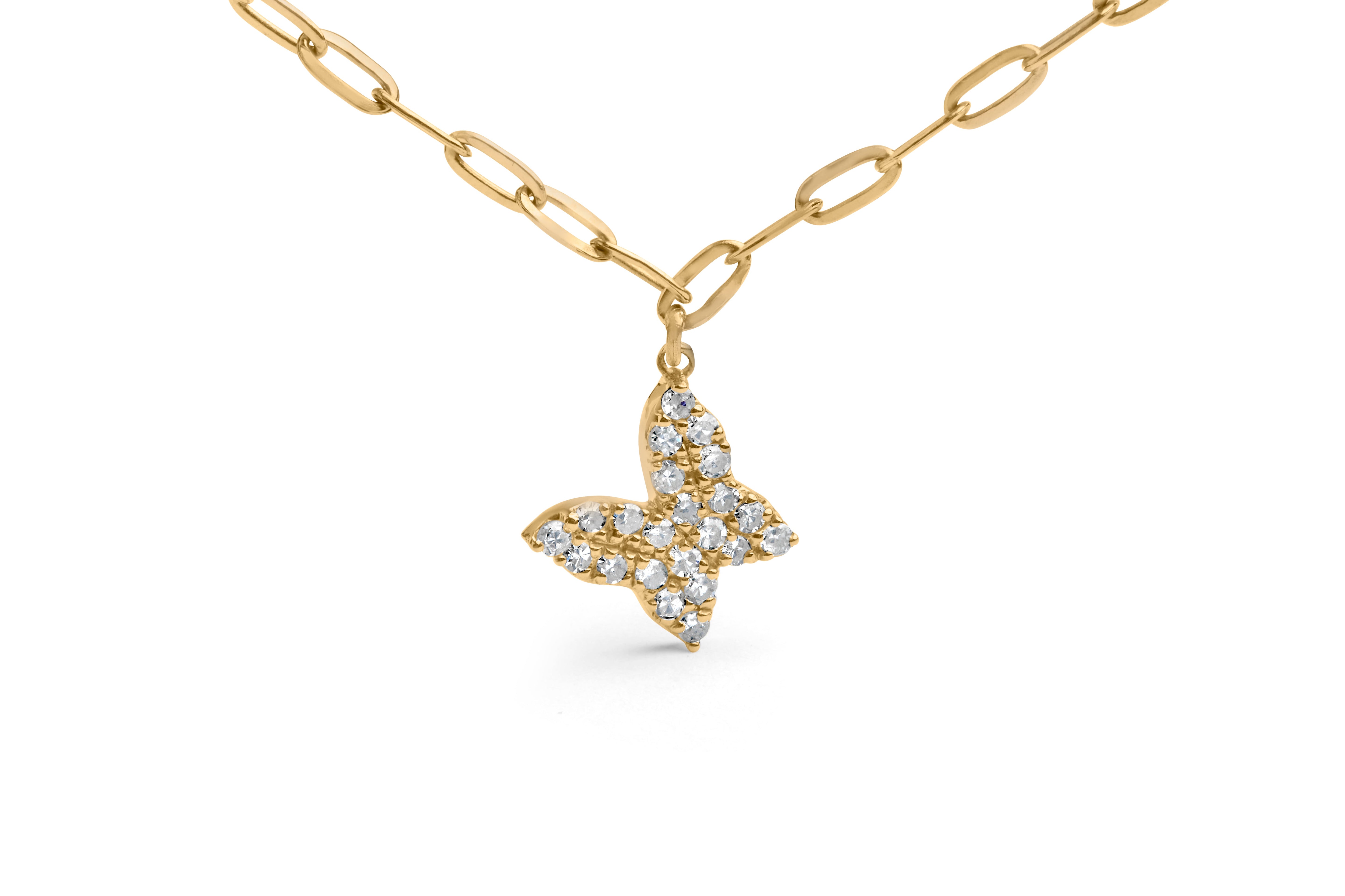 14KT Yellow Gold 1/2 Cttw Diamond Butterfly Station Paperclip Station Necklace I-J Color, I1-I2 Clarity - Adjustable 15"-17" Inches on sale at MyriadMart