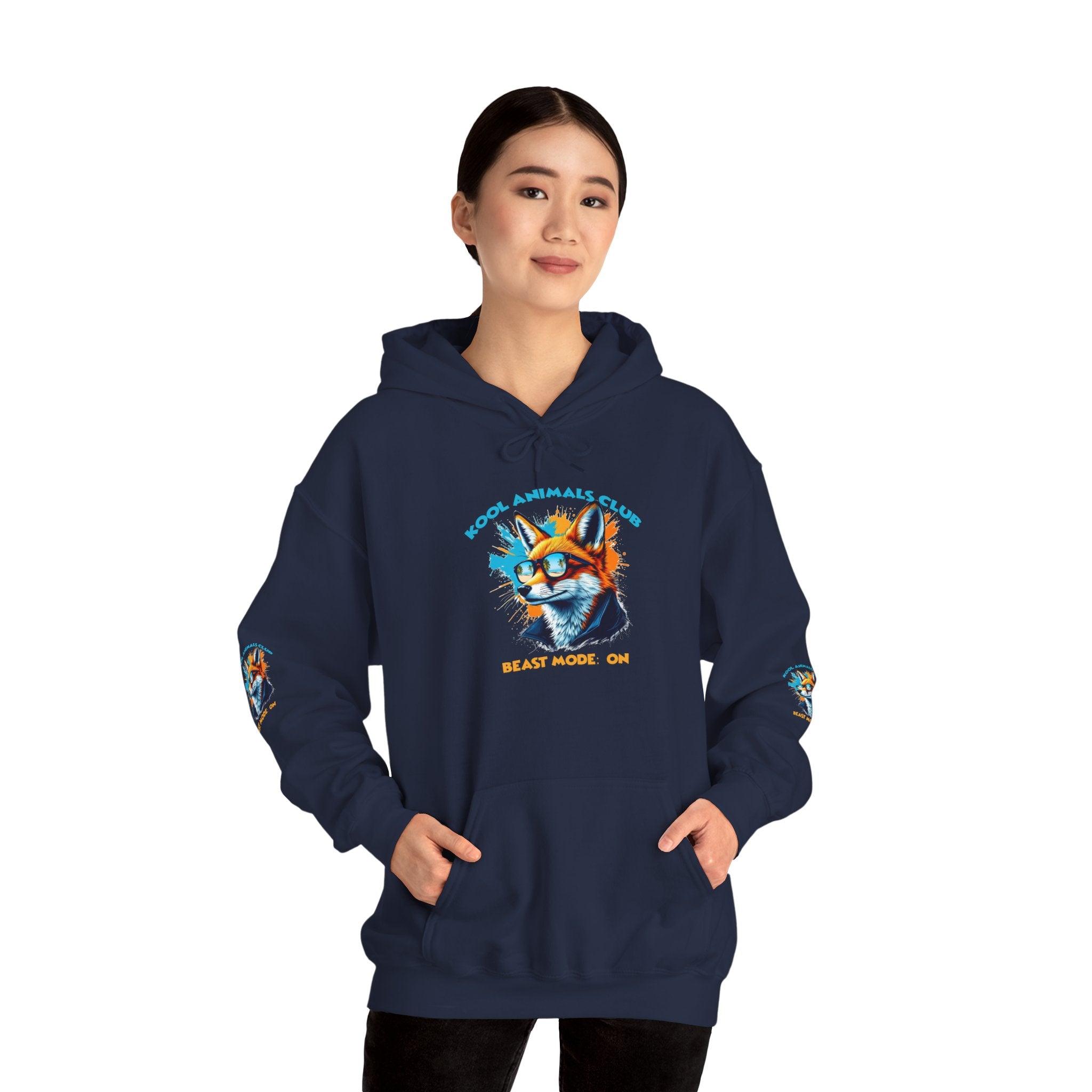 Kool Animals Club Hoodie with Cool Fox in Sunglasses and ‘Beast Mode On’ Design, Unisex Sweatshirt for Animal Lovers, Casual Streetwear, Perfect Gift for Holidays on sale at MyriadMart