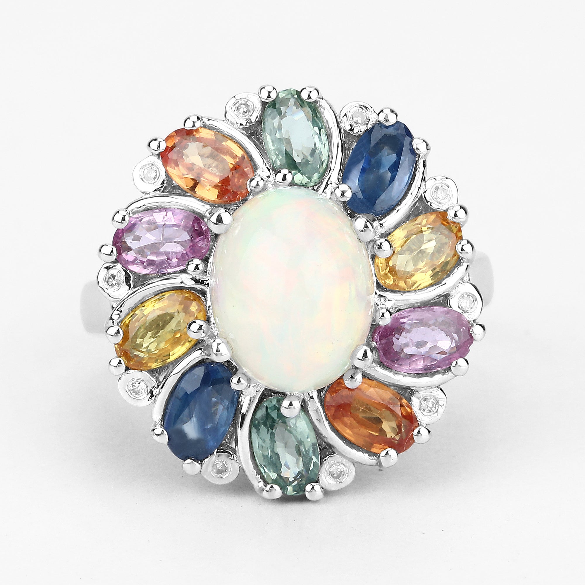 3.92 Carat Genuine Ethiopian Opal, Multi Sapphire and White Diamond .925 Sterling Silver Ring on sale at MyriadMart