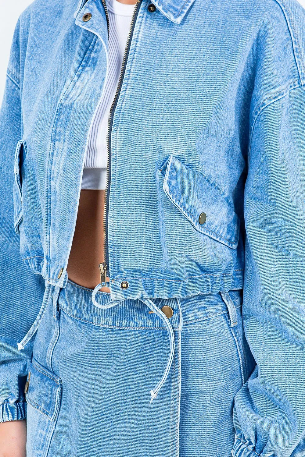 American Bazi Drawstring Waist Crop Denim Jacket - MyriadMart