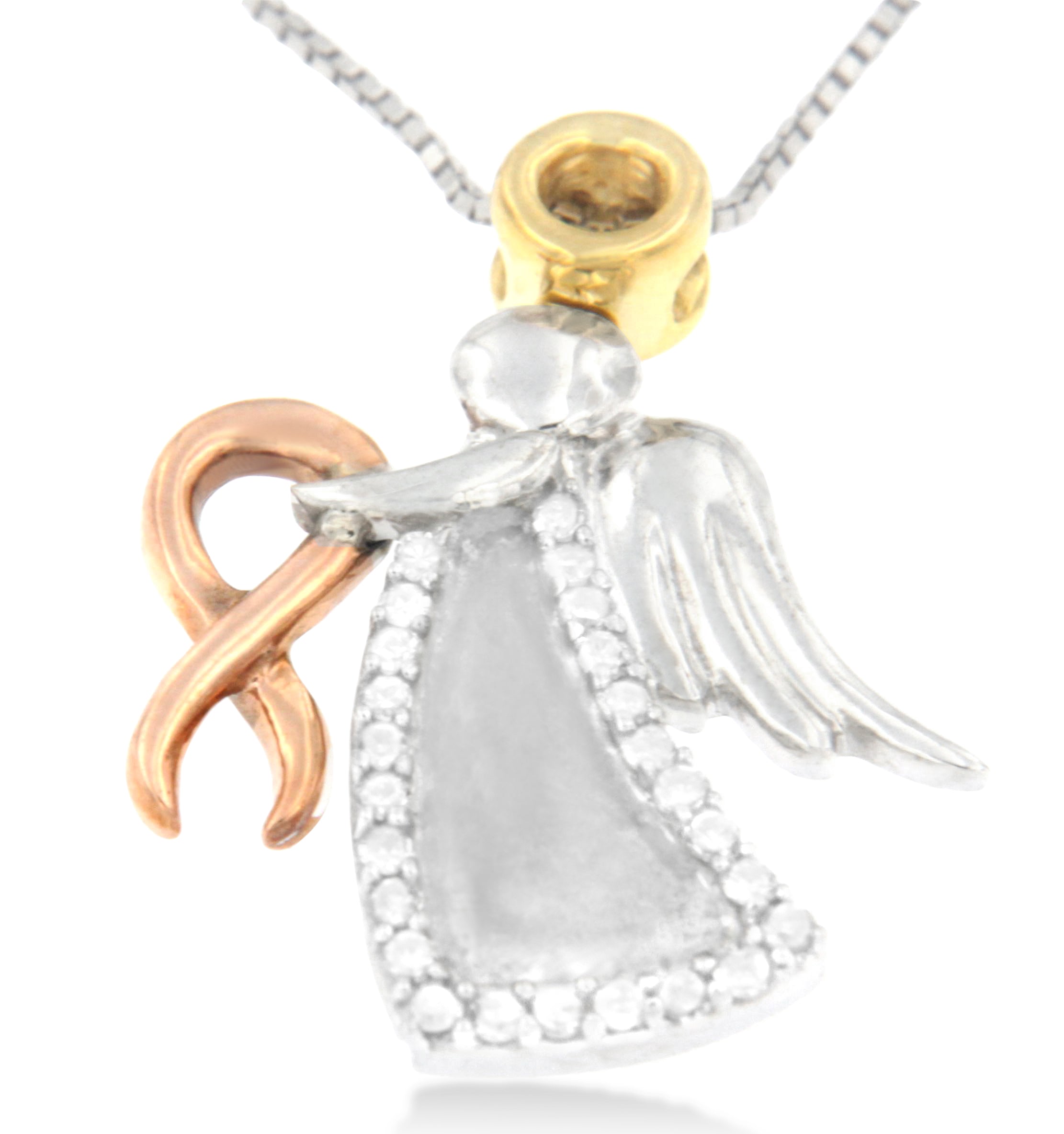 10K Tri-Color Gold Diamond-Accented Angel Awareness Ribbon Pendant Necklace H-I Color, I1-I2 Clarity on sale at MyriadMart