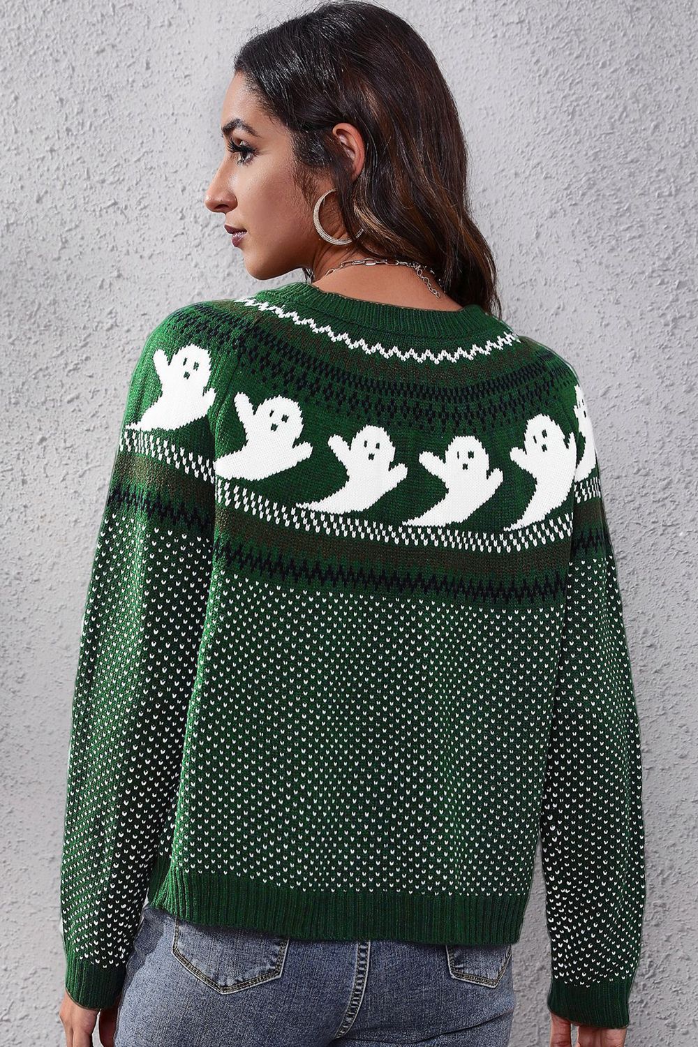 Ghost Pattern Round Neck Long Sleeve Sweater - MyriadMart