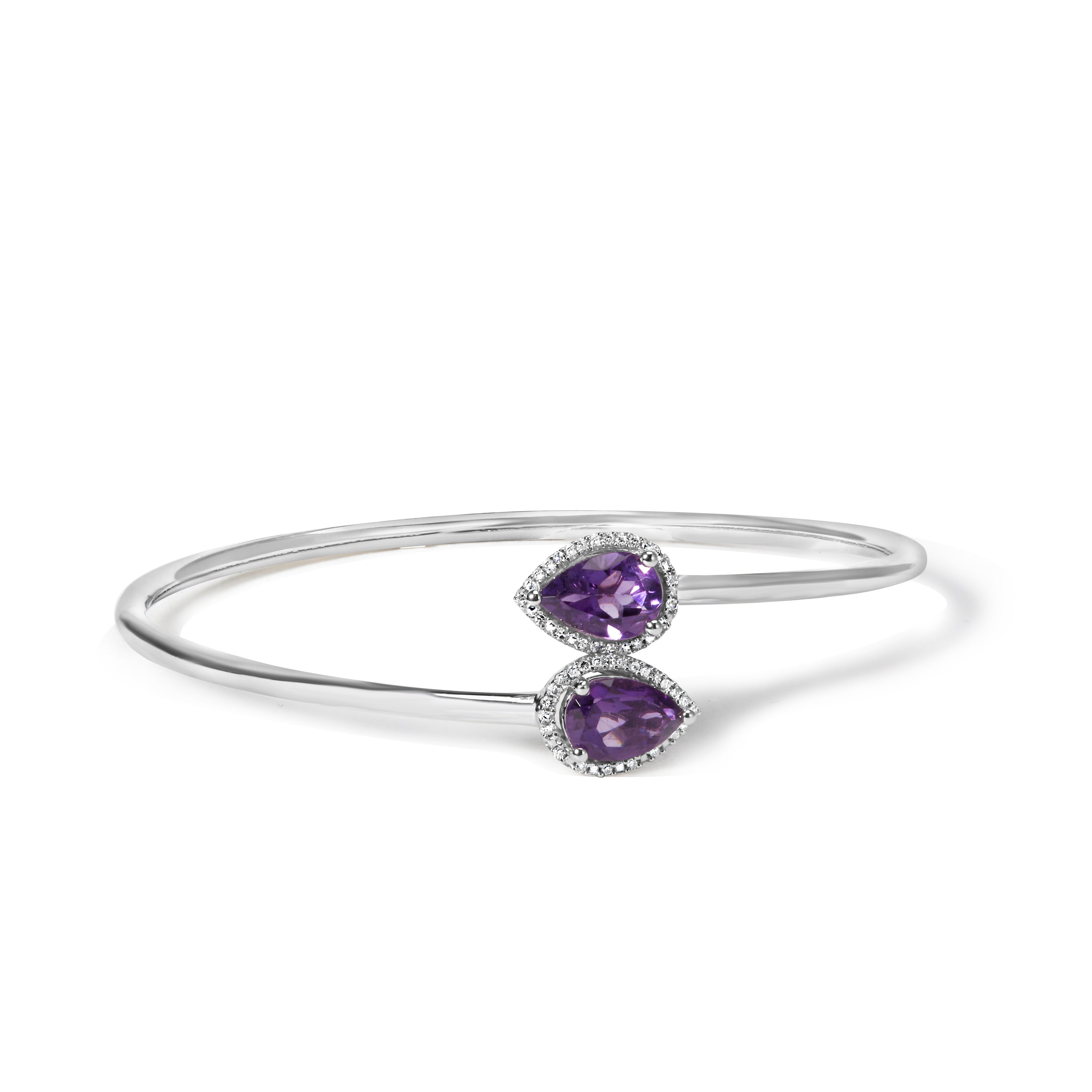 .925 Sterling Silver 8 x 5.5mm Pear Shape Amethyst and Diamond Accent Halo Bypass Bangle Bracelet H-I Color, SI1-SI2 Clarity - Fits up to 7" Inches on sale at MyriadMart