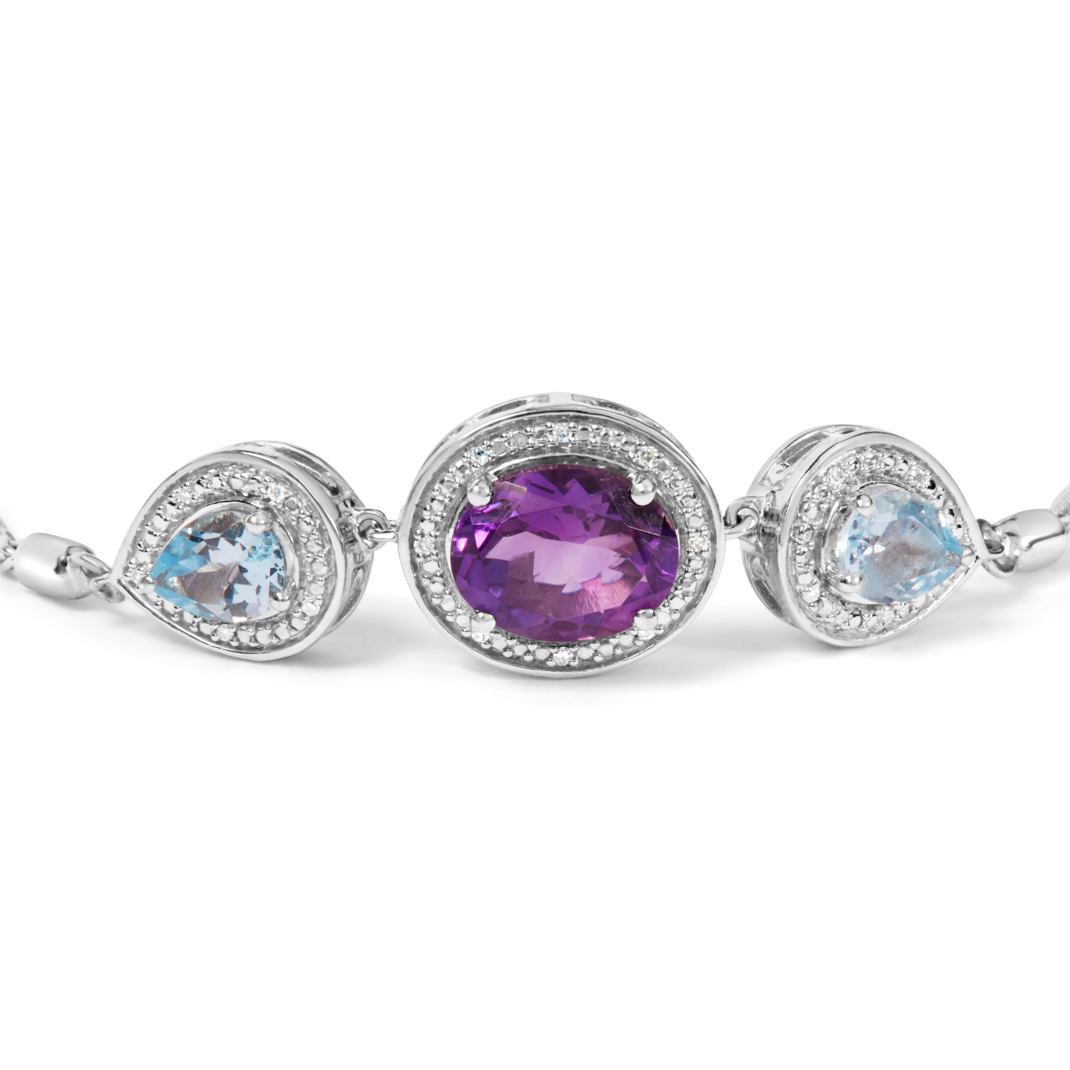 .925 Sterling Silver Oval Amethyst and Pear Blue Topaz with Diamond Accent Lariat 4â€-10â€ Adjustable Bolo Bracelet H-I Color, SI1-SI2 Clarity on sale at MyriadMart