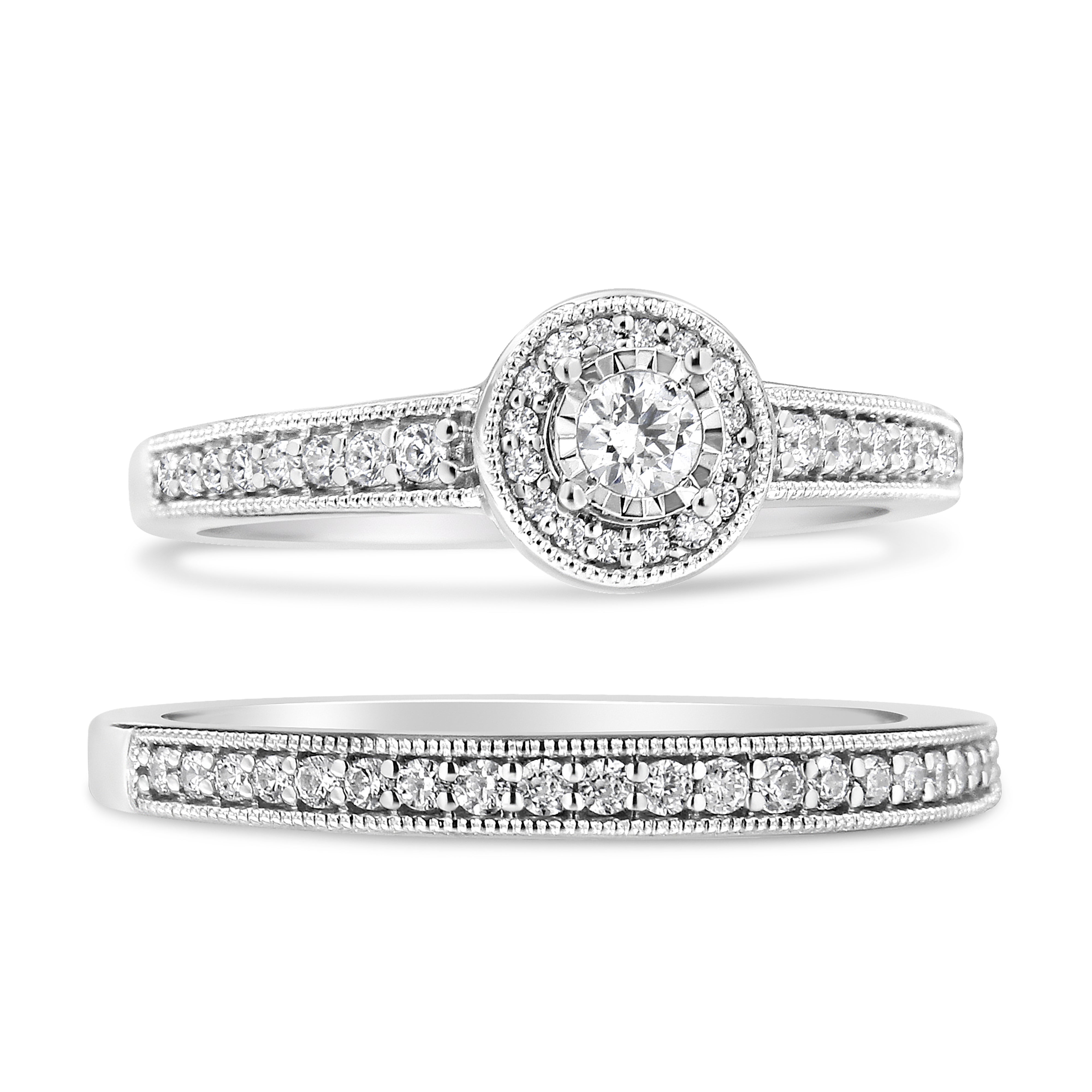 .925 Sterling Silver 1/2 Ctw Diamond Halo and Milgrain Engagement Ring Bridal Set I-J Color, I3 Clarity - Ring Size 7 on sale at MyriadMart