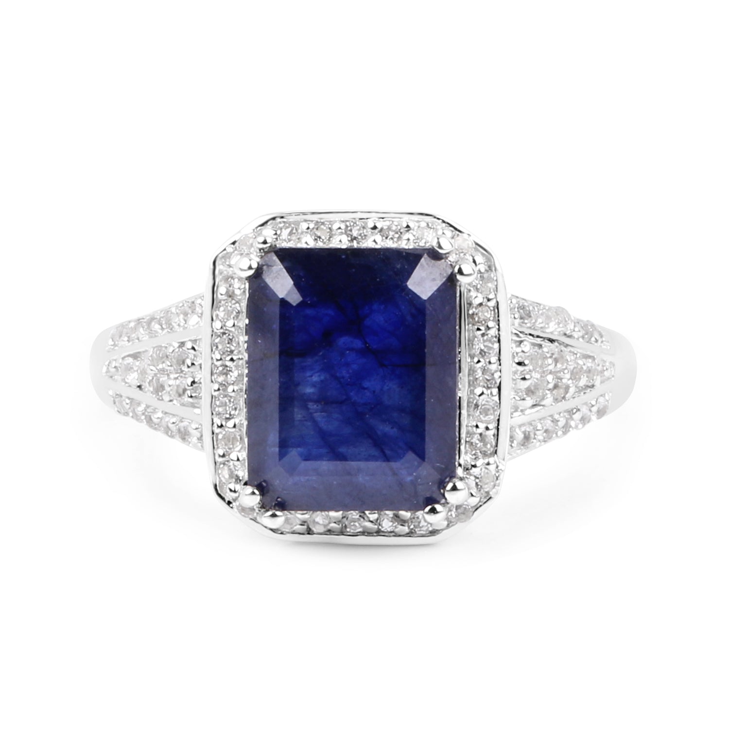 4.80 Carat Glass Filled Sapphire and White Topaz .925 Sterling Silver Ring on sale at MyriadMart