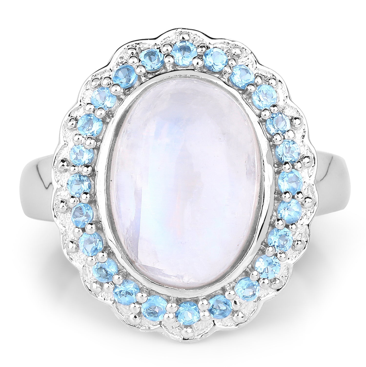 7.21 Carat Genuine White Rainbow Moonstone & Swiss Blue Topaz .925 Sterling Silver Ring on sale at MyriadMart