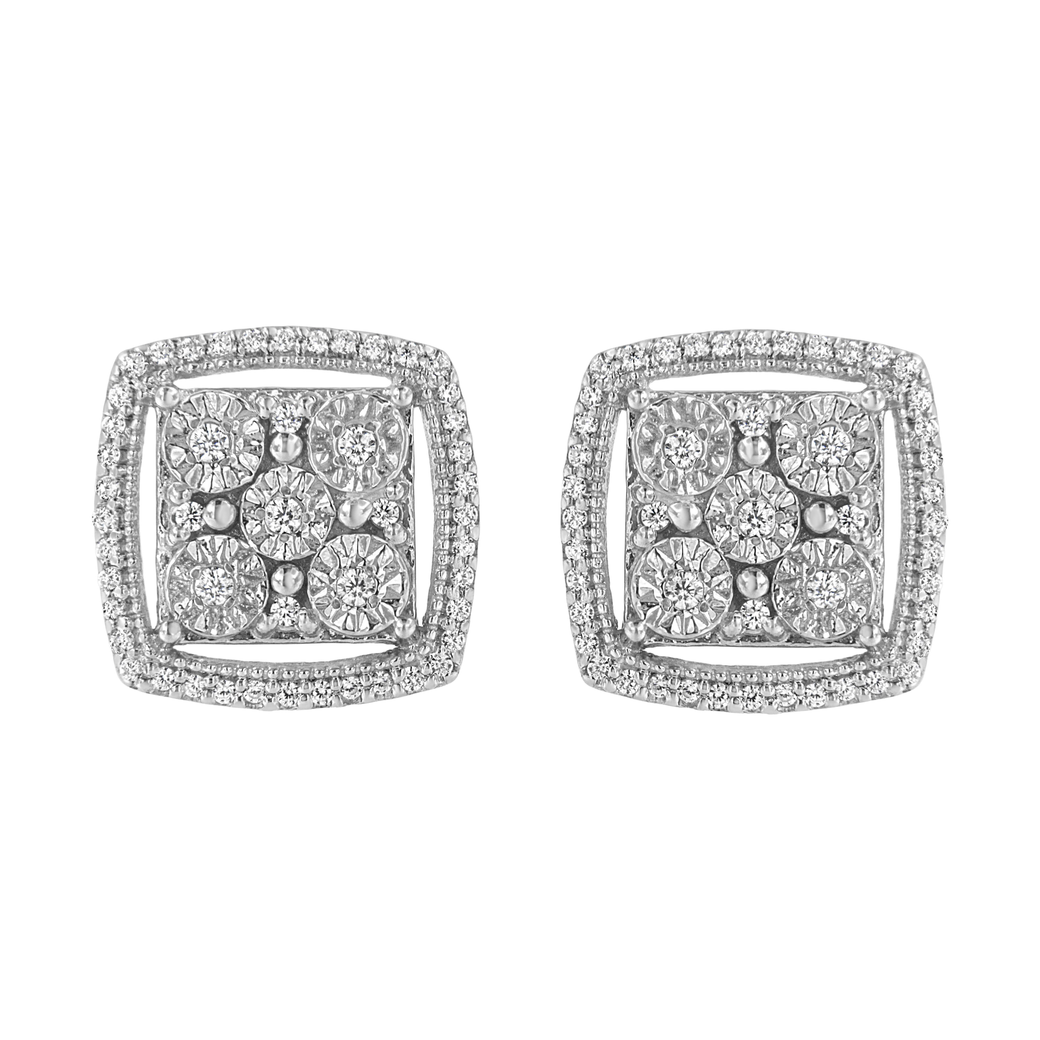 .925 Sterling Silver 3/8 Cttw Miracle Set Round Diamond Double Halo Cluster Earrings I-J Color, I2-I3 Clarity on sale at MyriadMart