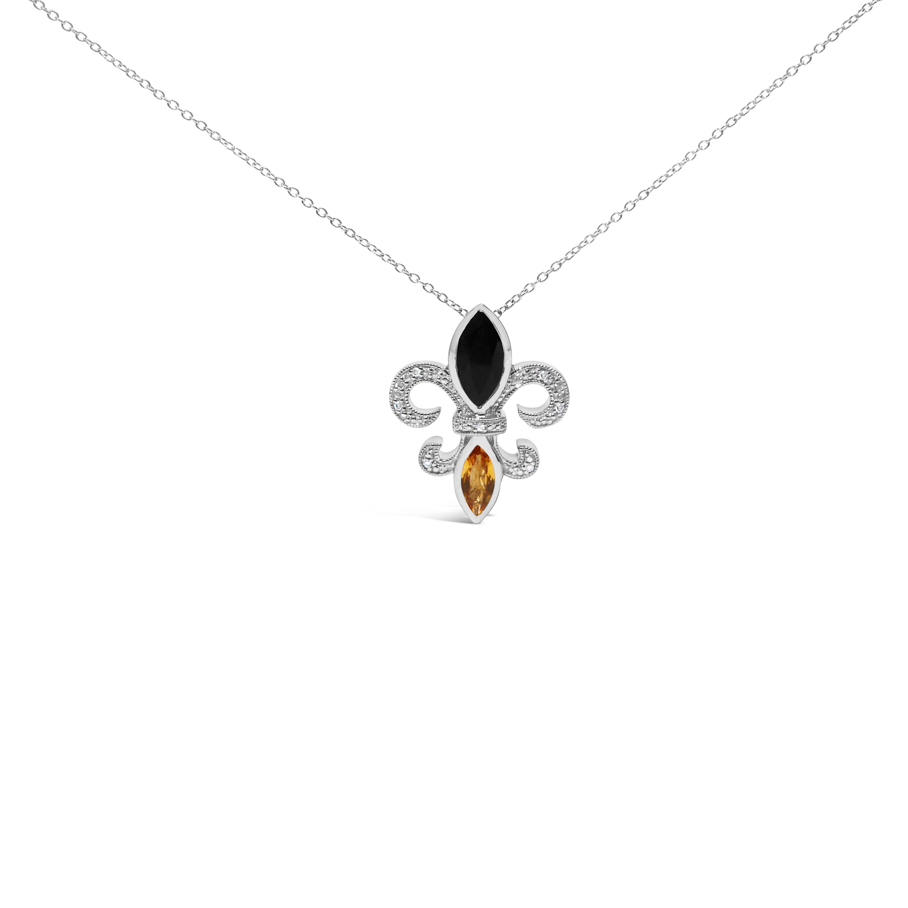 .925 Sterling Silver Marquise Onyx and Citrine and Diamond Accent Fleur De Lis Pendant Necklace H-I Color, SI1-SI2 Clarity - 18" on sale at MyriadMart