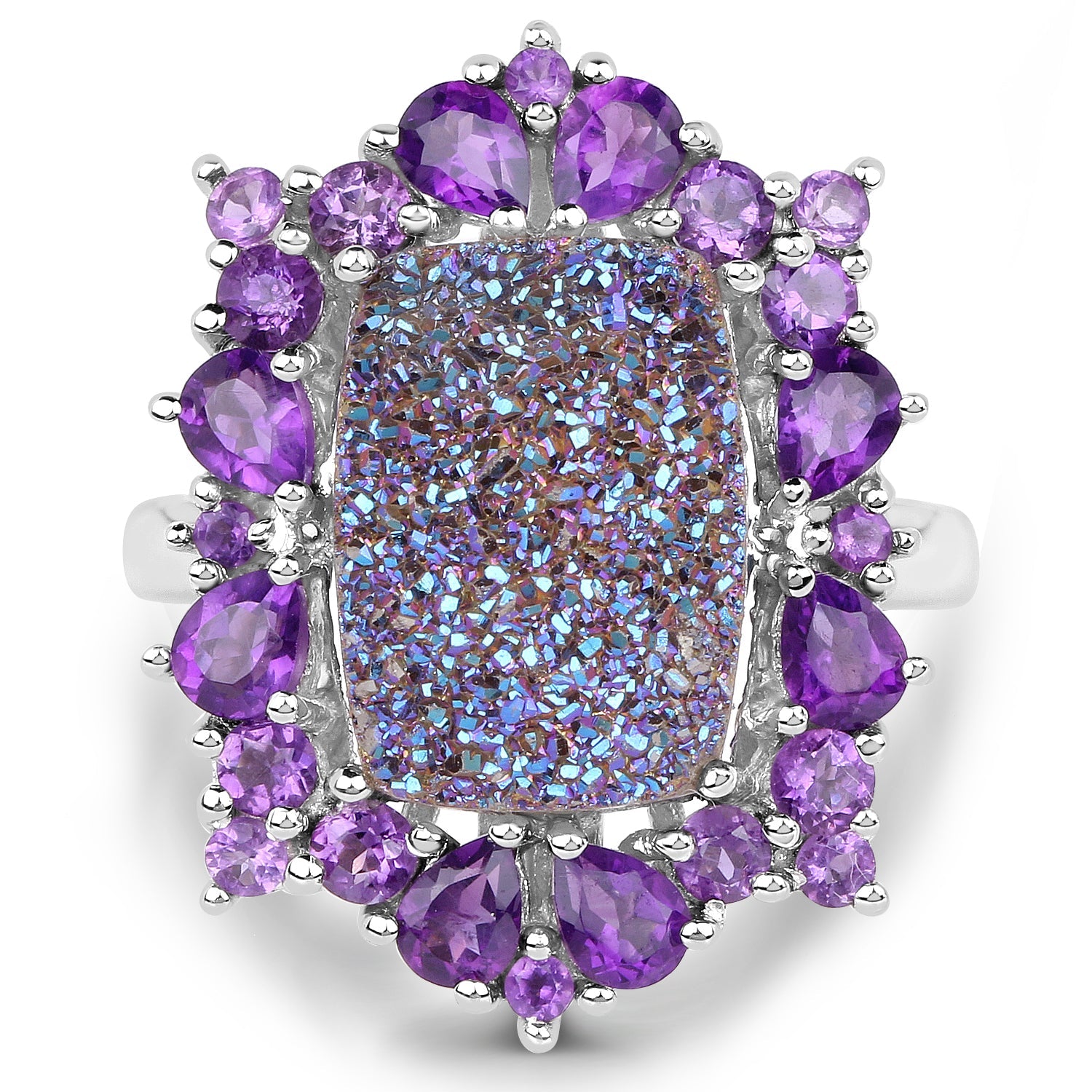 5.97 Carat Genuine Drusy Quartz and Amethyst .925 Sterling Silver Ring on sale at MyriadMart