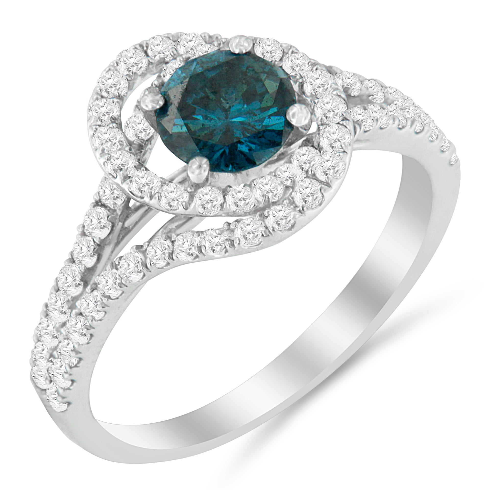 14K White Gold 1-1/3 Cttw White & Blue Diamond Interweaving Double Halo Cocktail Statement Ring G-H and Fancy Blue Color, SI2-I1 Clarity - Size 6 on sale at MyriadMart
