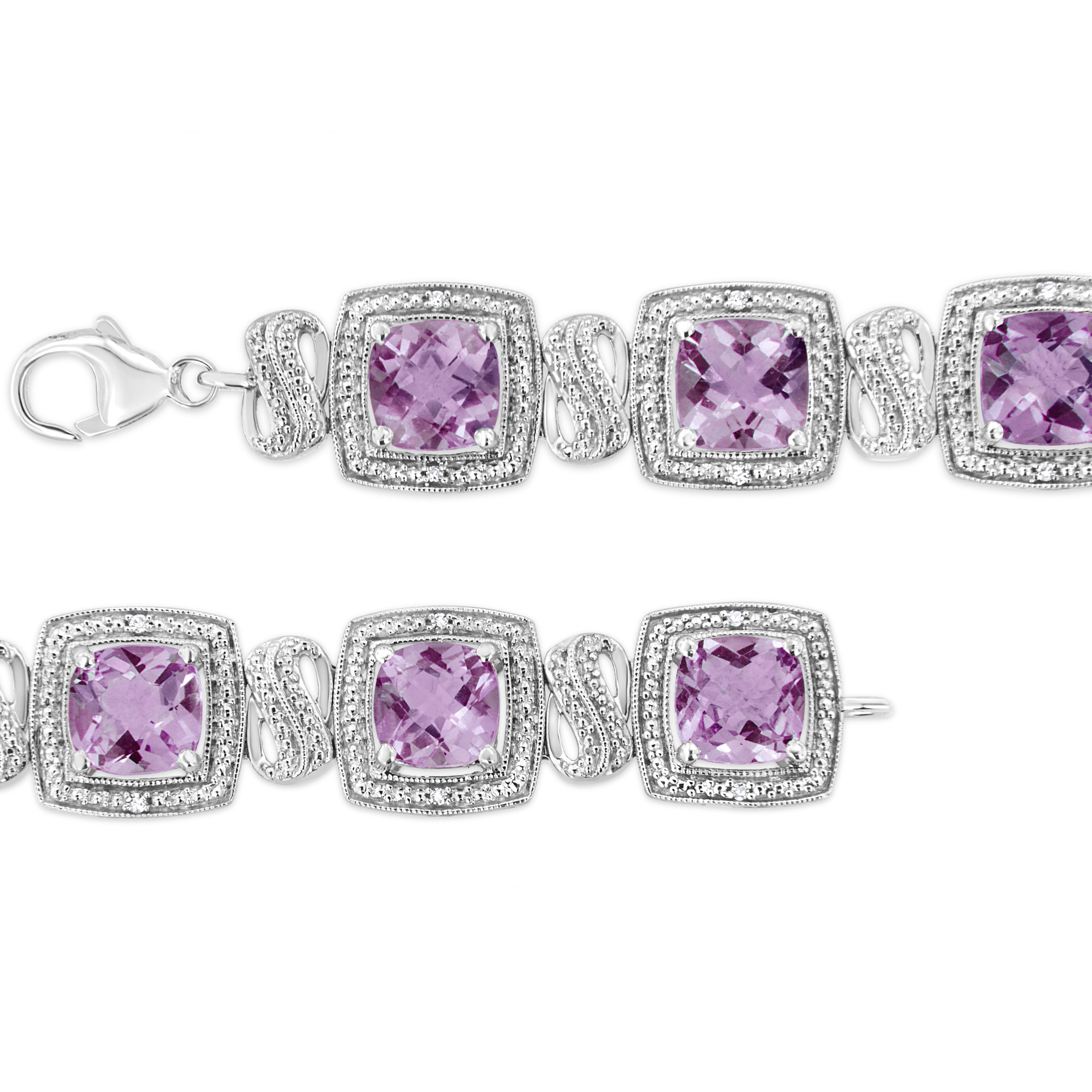 .925 Sterling Silver 7x7 mm Cushion Cut Purple Amethyst and 1/10 cttw Round Cut Diamond Square Shape Tennis Bracelet I-J Color, I1-I2 Clarity - 7" on sale at MyriadMart