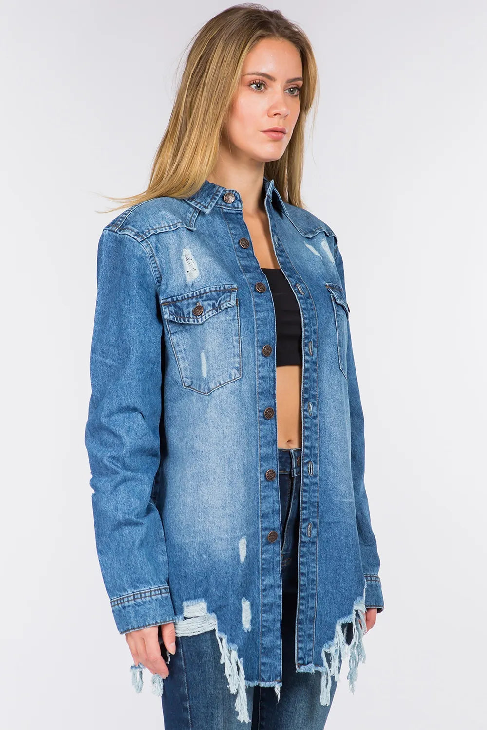 American Bazi Distressed Frayed Hem Denim Jacket - MyriadMart