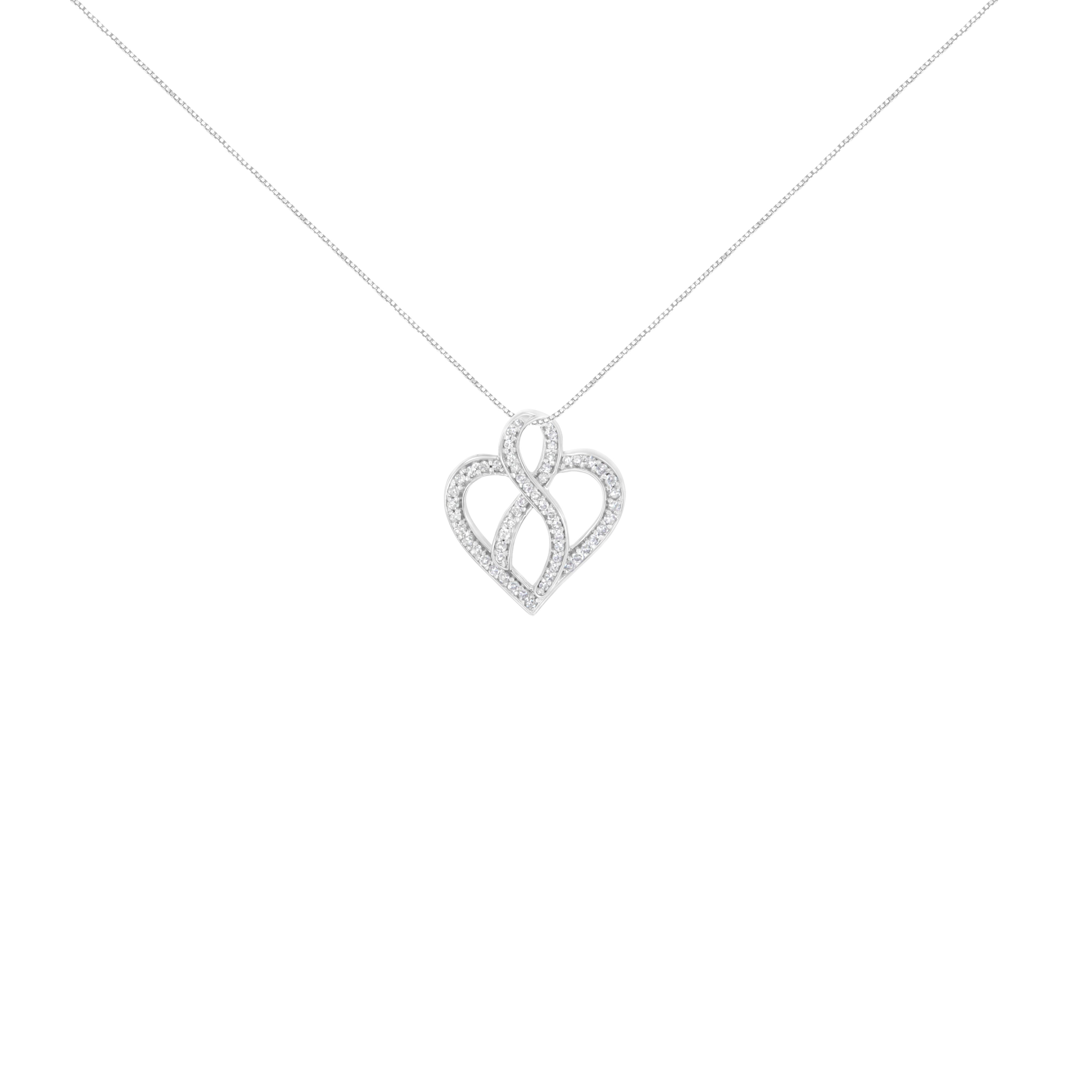 14K White Gold 1/4 cttw Round Cut Diamond Heart and Ribbon Center Pendant Necklace H-I, I1-I2 on sale at MyriadMart