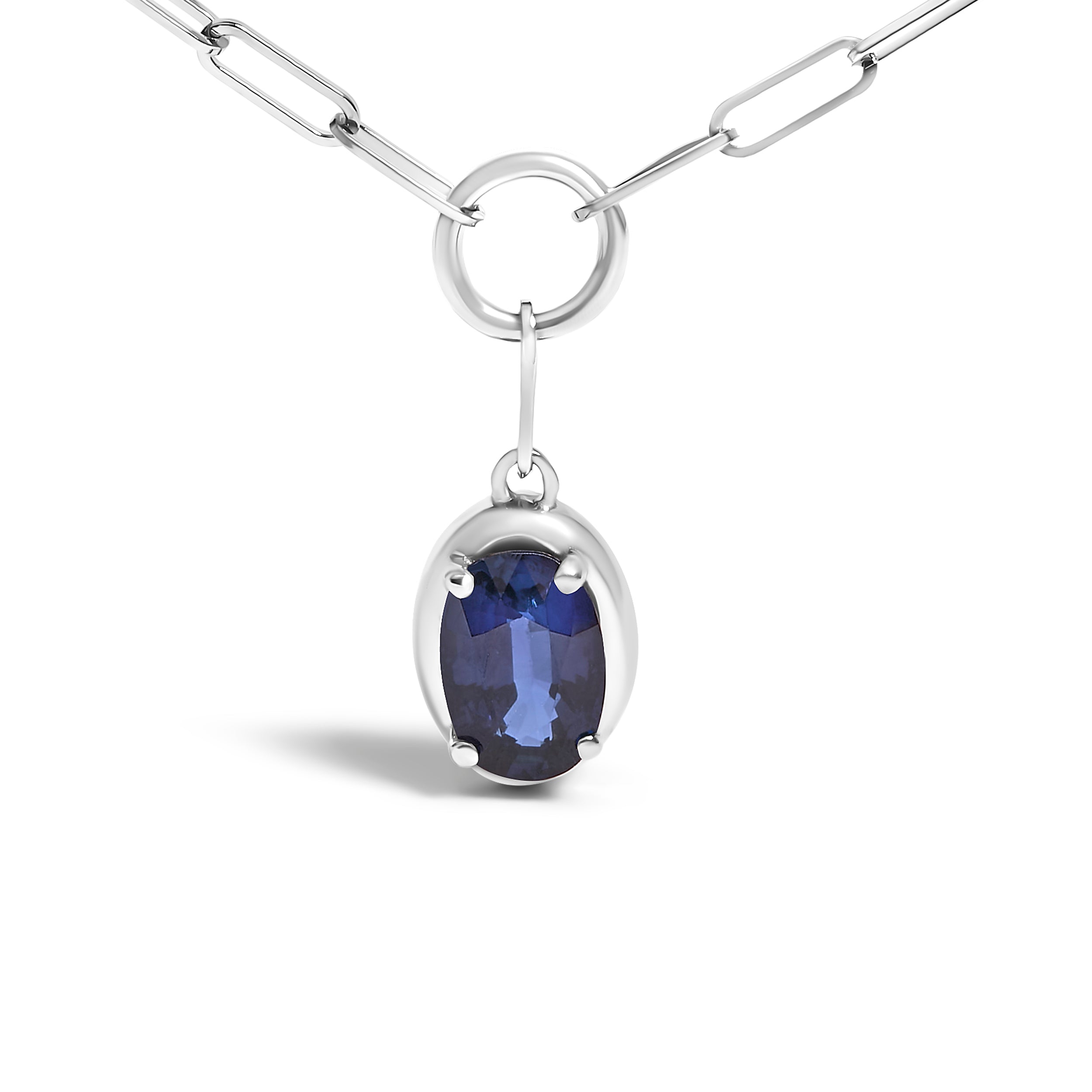 10K White Gold 6x4 mm Oval Blue Sapphire Solitaire Paperclip Pendant Necklace - 18" Inches on sale at MyriadMart