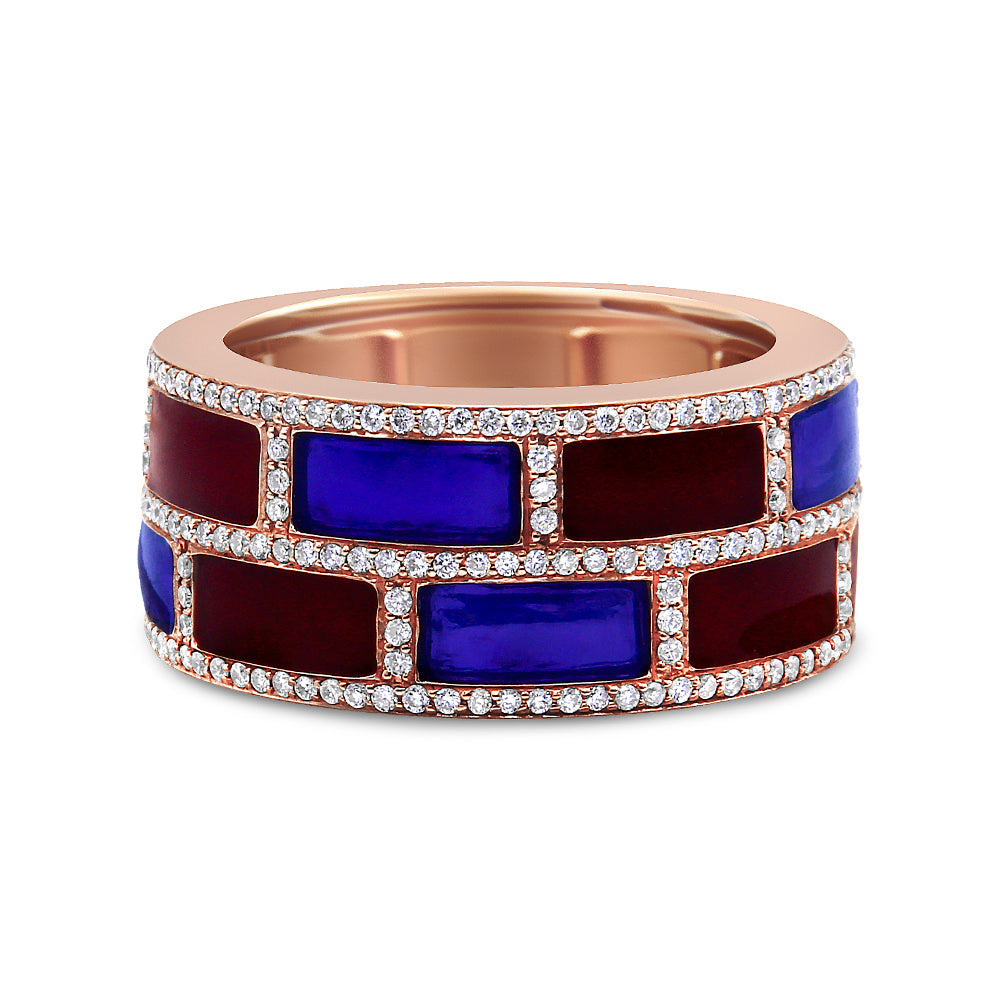 18K Rose Gold Alternating Red and Blue Enamel and 1/2 Cttw Diamond Studded Band Ring F-G Color, VS1-VS2 Clarity - Ring Size 7 on sale at MyriadMart