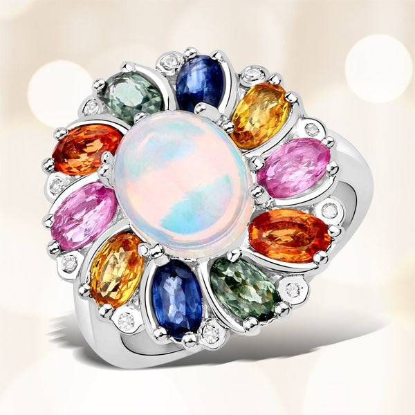 3.92 Carat Genuine Ethiopian Opal, Multi Sapphire and White Diamond .925 Sterling Silver Ring on sale at MyriadMart
