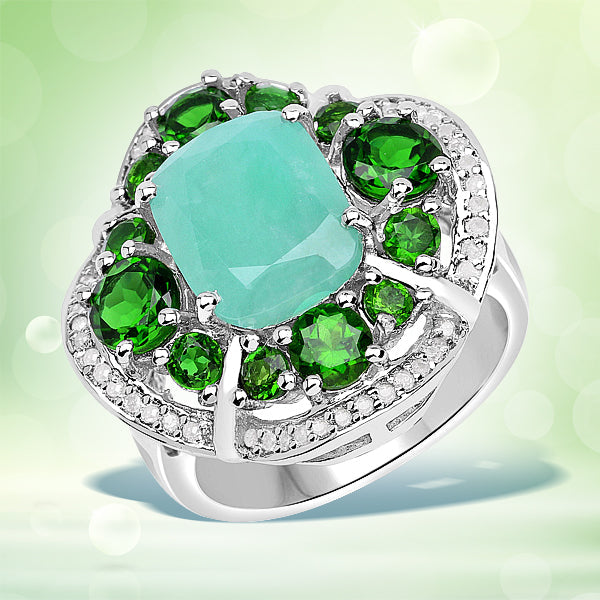 5.49 Carat Genuine Emerald, Chrome Diopside and White Diamond .925 Sterling Silver Ring on sale at MyriadMart