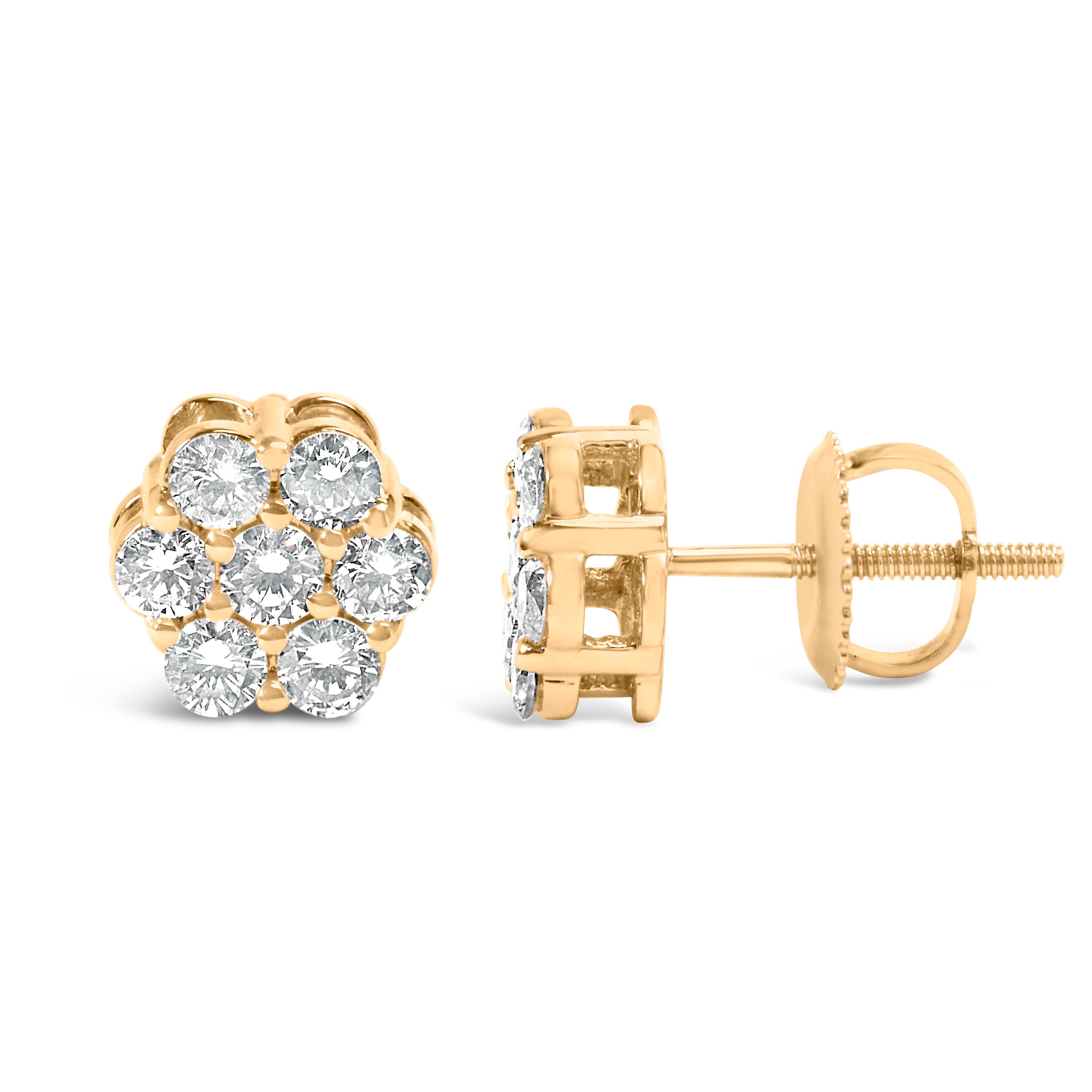 14K Yellow Gold 3/4 Cttw 7 Stone Floral Cluster Round Brilliant Cut Diamond Stud Earrings with Screw Backs I-J Color, SI2-I1 Clarity on sale at MyriadMart