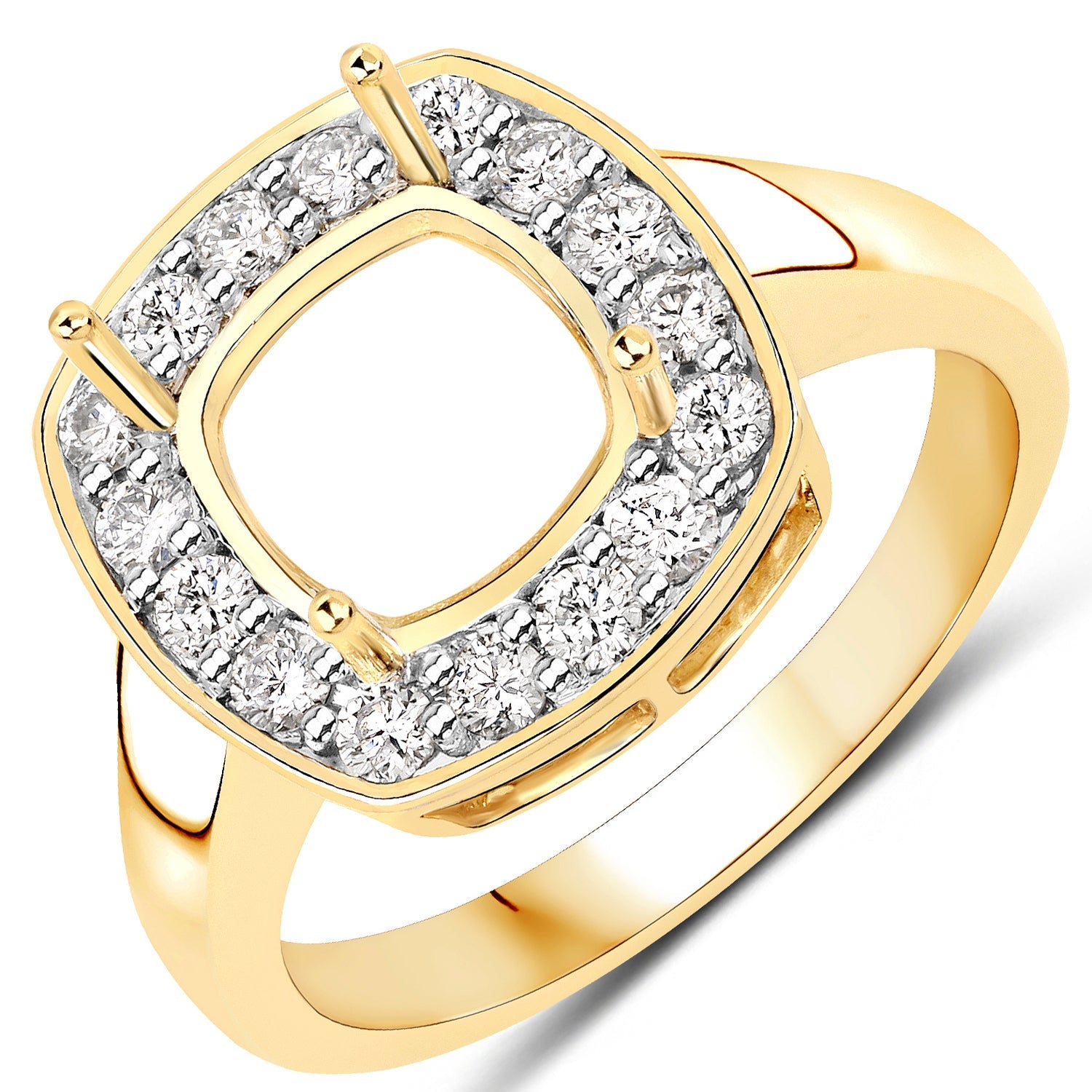 0.48 Carat Genuine White Diamond 14K Yellow Gold Semi Mount Ring - holds 8x8mm Cushion Gemstone on sale at MyriadMart