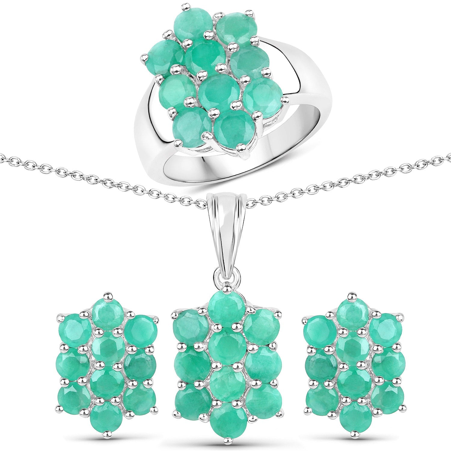 6.60 Carat Genuine Emerald .925 Sterling Silver 3 Piece Jewelry Set Ring, Earrings, and Pendant w/ Chain on sale at MyriadMart