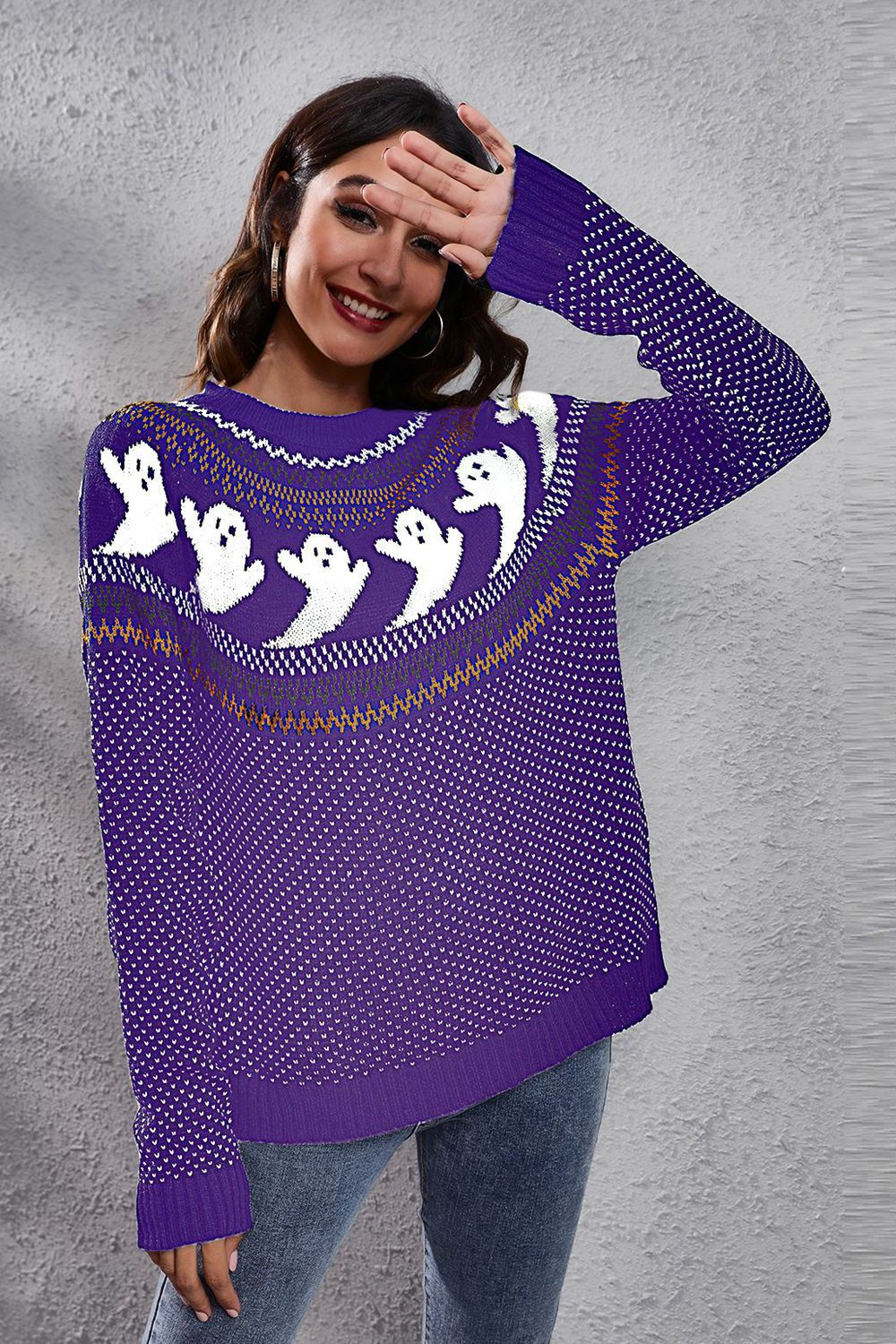 Ghost Pattern Round Neck Long Sleeve Sweater - MyriadMart
