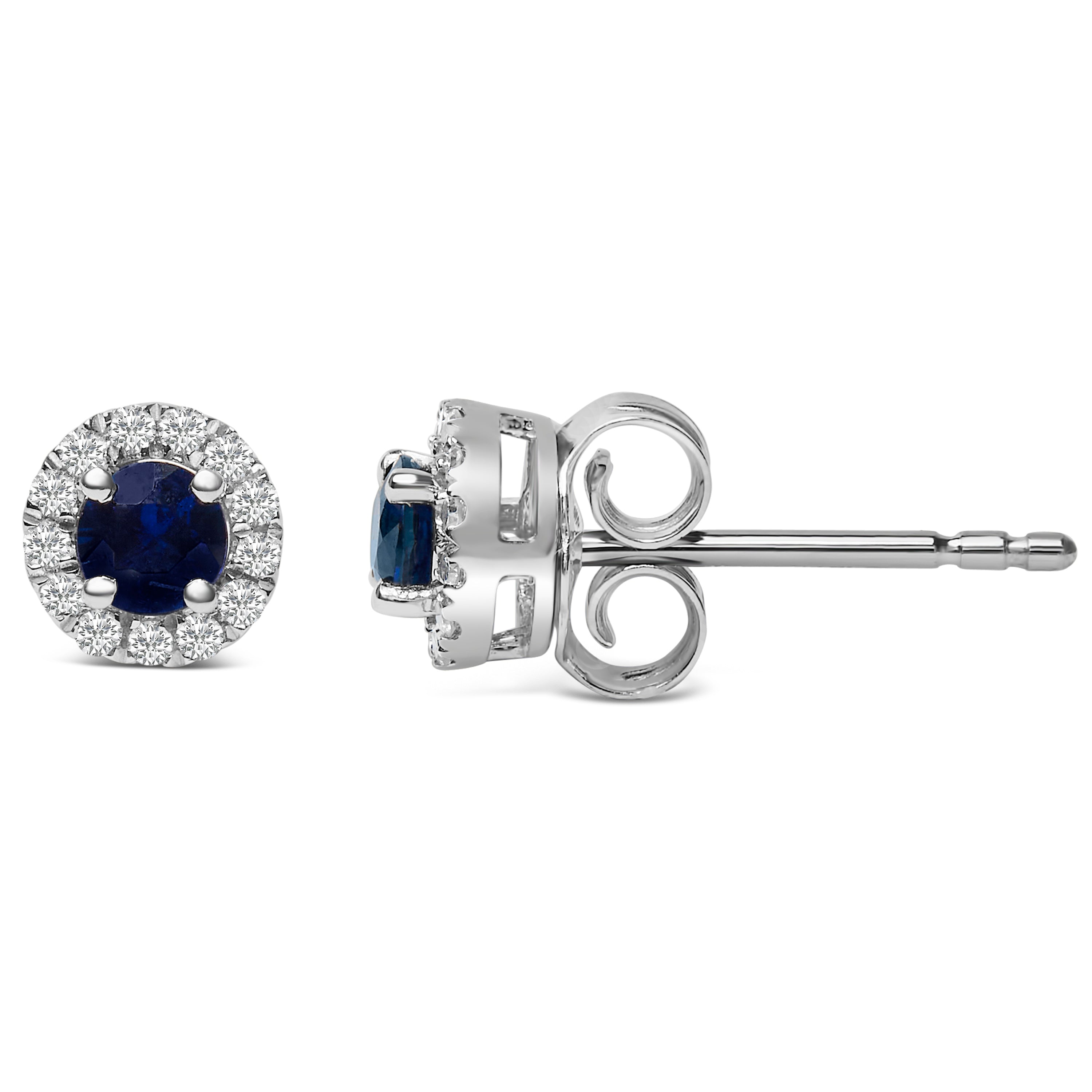 10K White Gold 3.25mm x 3.25mm Round Blue Sapphire and 1/10 Cttw Diamond Halo Stud Earrings I-J Color, I1-I2 Clarity on sale at MyriadMart