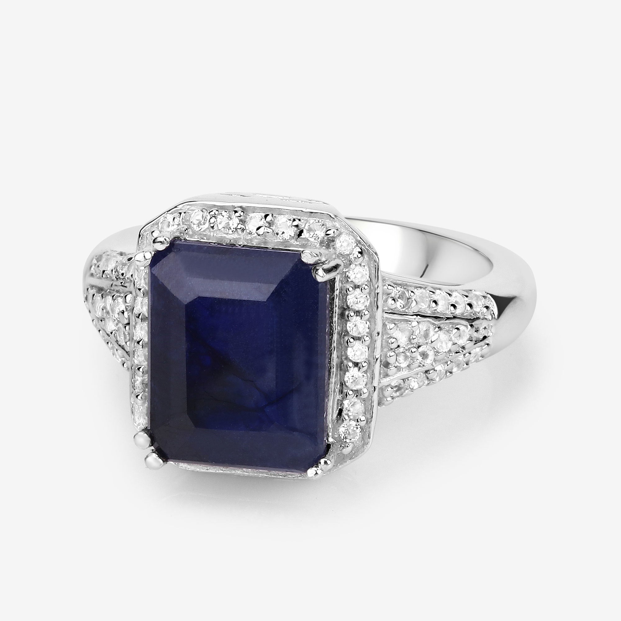 4.80 Carat Glass Filled Sapphire and White Topaz .925 Sterling Silver Ring on sale at MyriadMart
