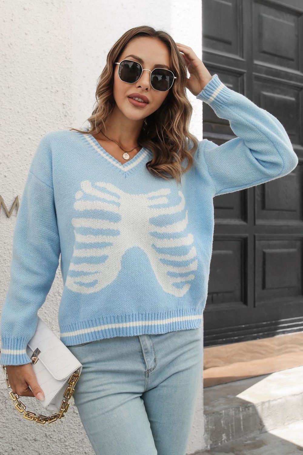 Skeleton Pattern V-Neck Long Sleeve Pullover Sweater - MyriadMart