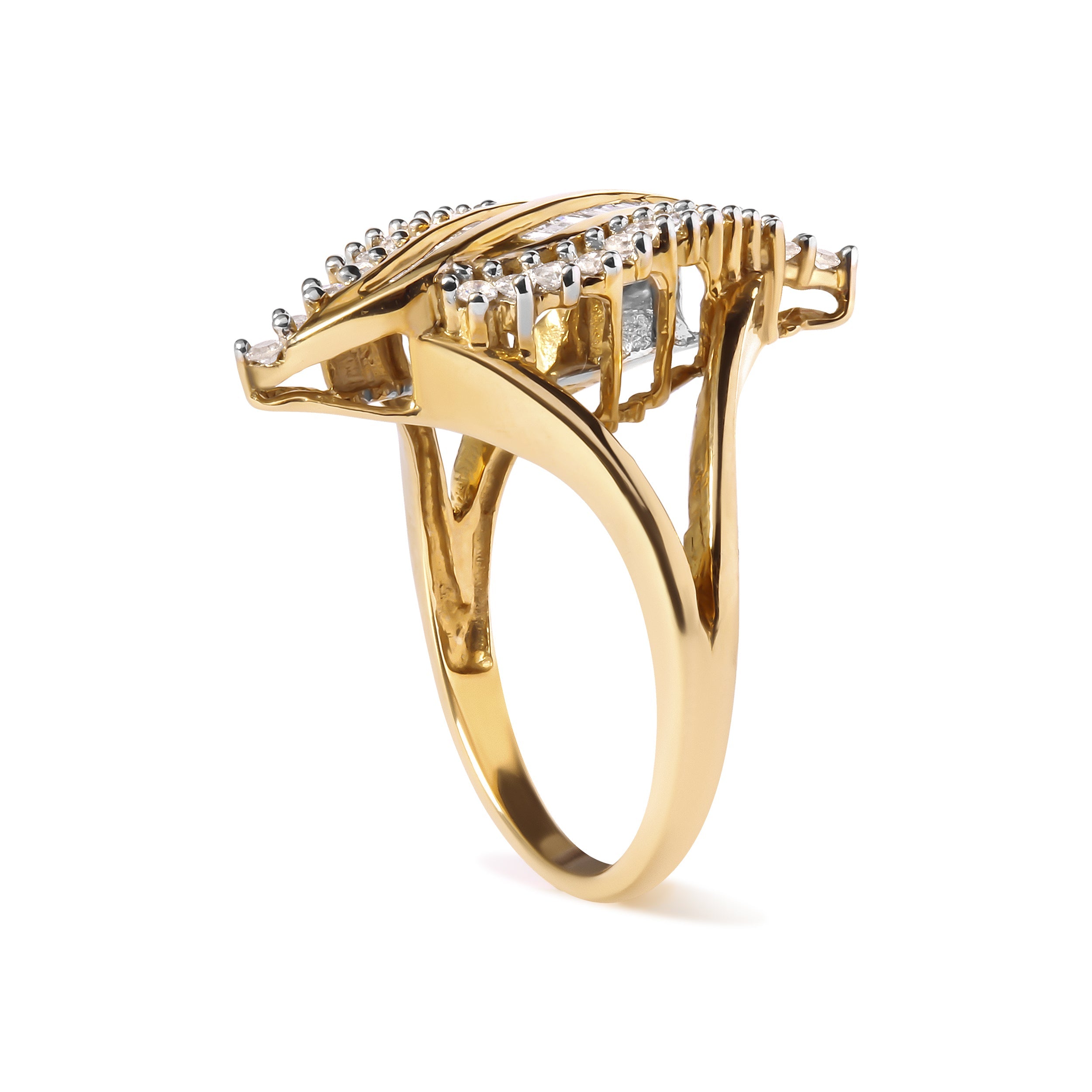 10K Yellow Gold 1/2 Cttw Round and Baguette Cut Diamond Cocktail Ring H-I Color, I1-I2 Clarity on sale at MyriadMart