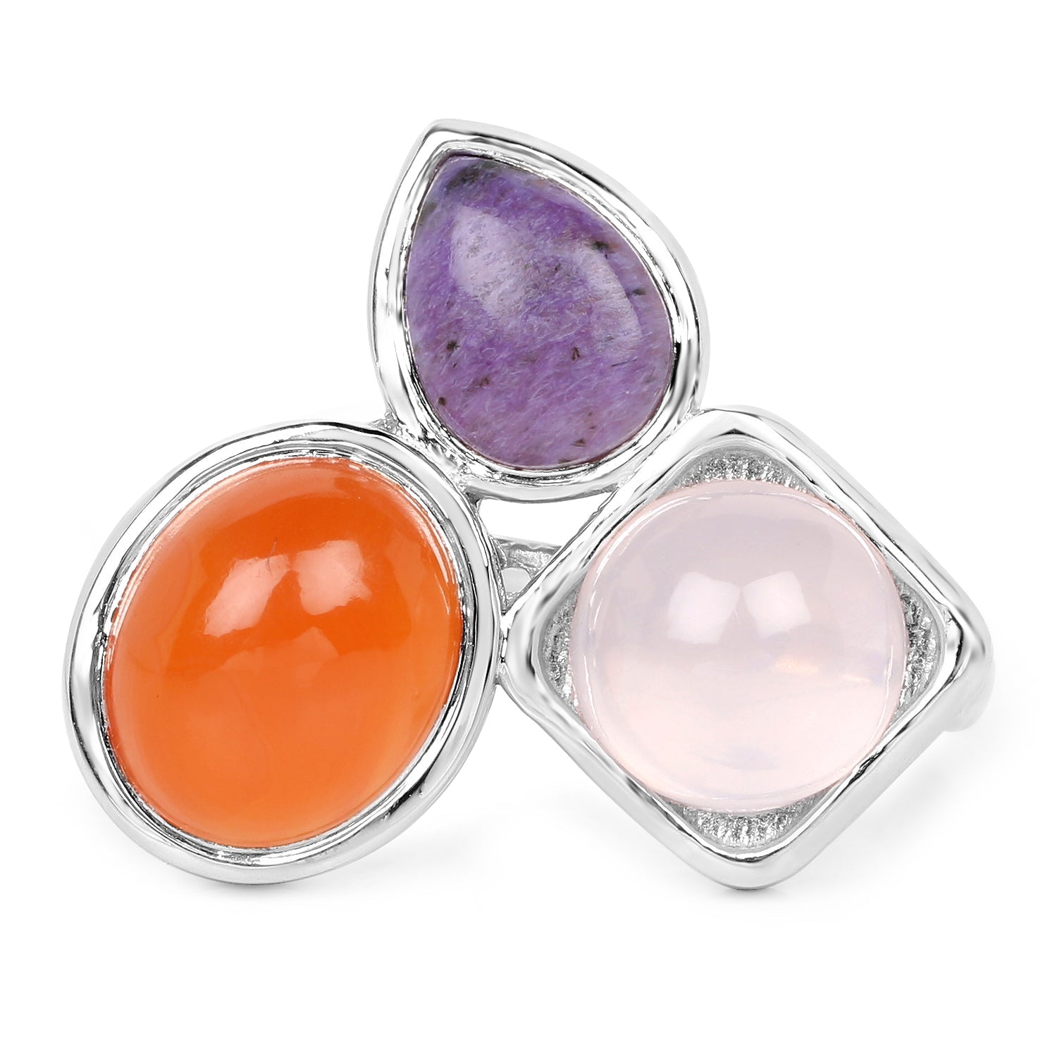 5.21 Carat Genuine Rose Quartz, Carnelian And Charolite .925 Sterling Silver Ring on sale at MyriadMart