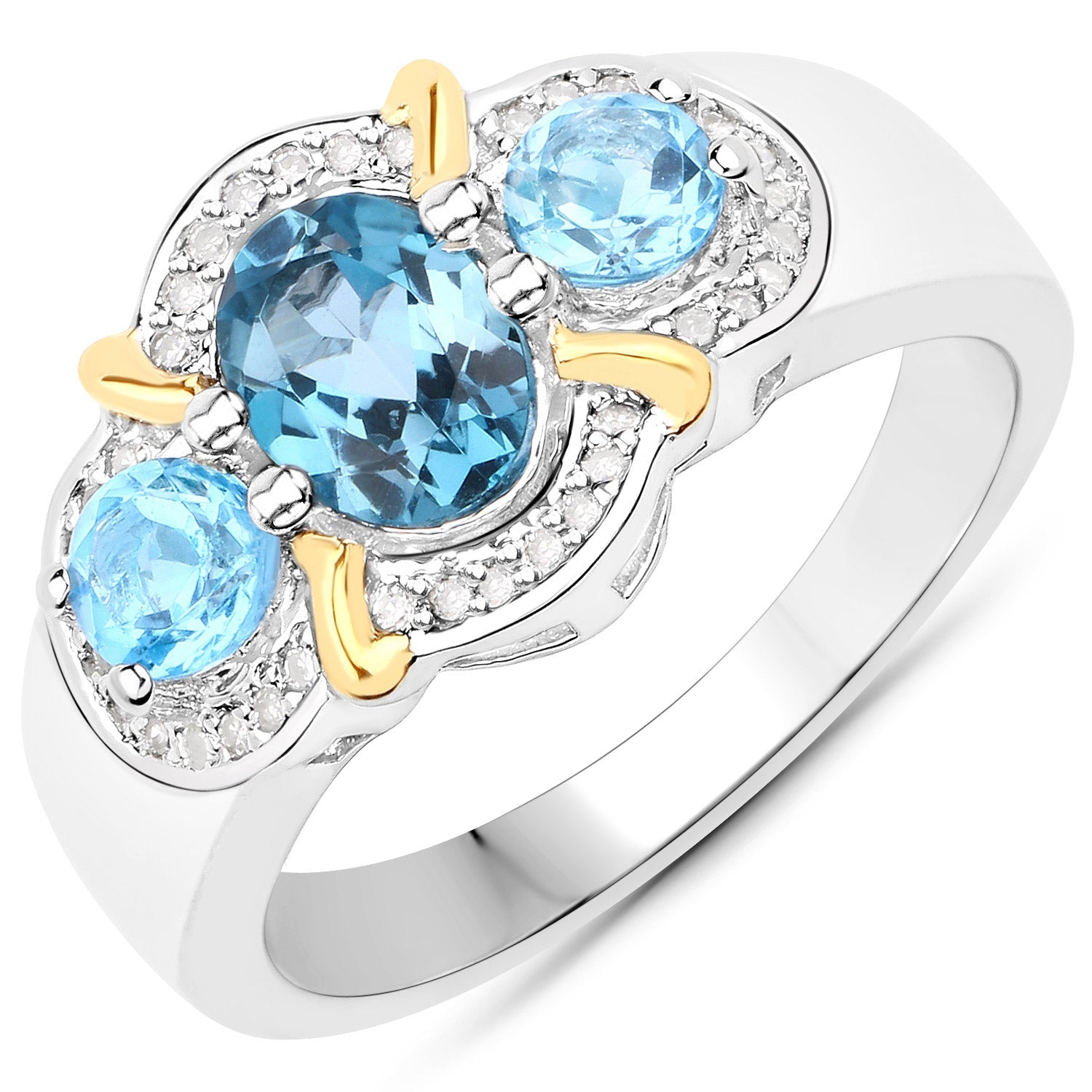 1.64 Carat Genuine London Blue Topaz, Swiss Blue Topaz and White Diamond .925 Sterling Silver Ring on sale at MyriadMart
