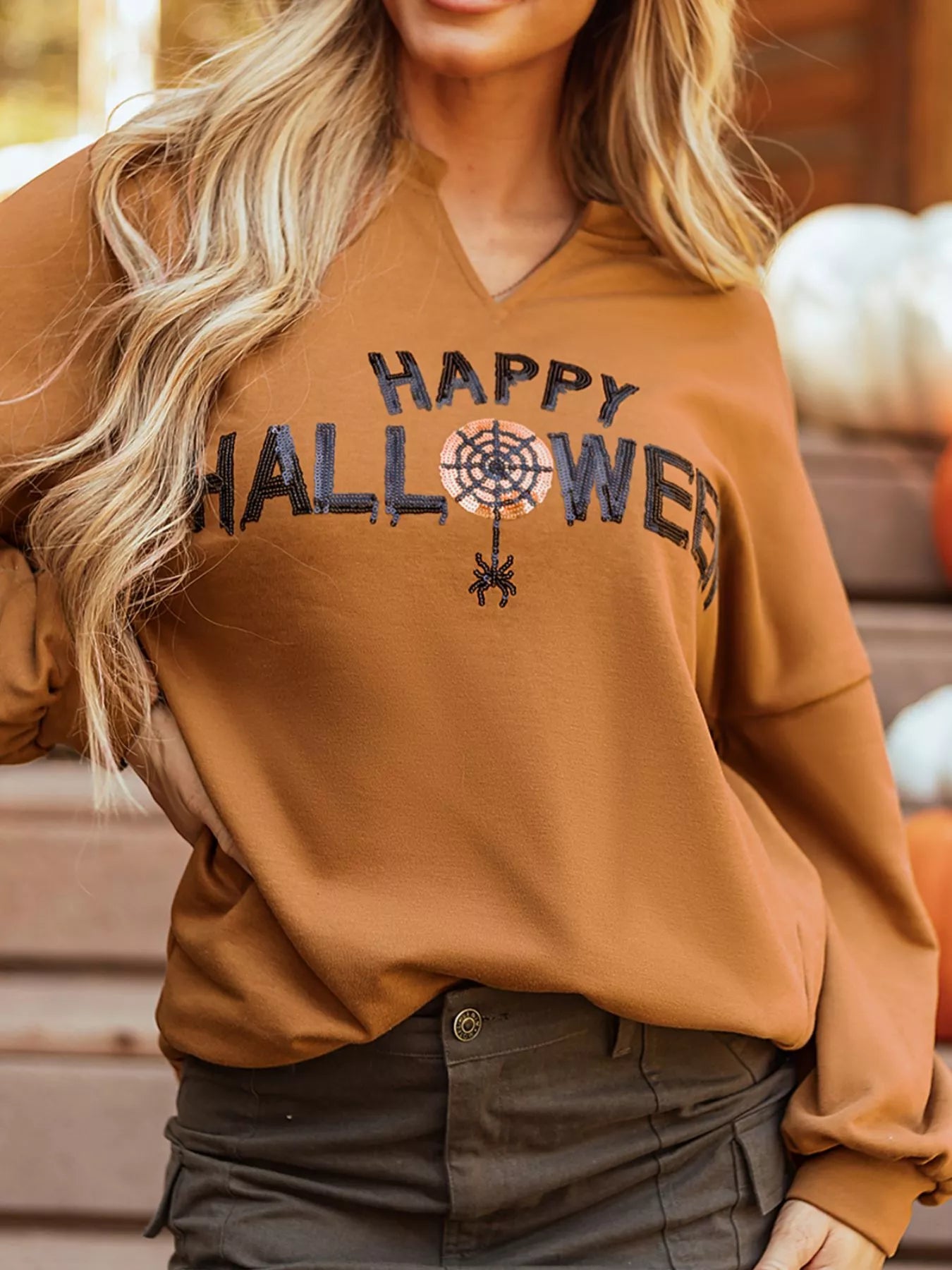 Happy Halloween Graphic Notched Long Sleeve Loose Top - MyriadMart