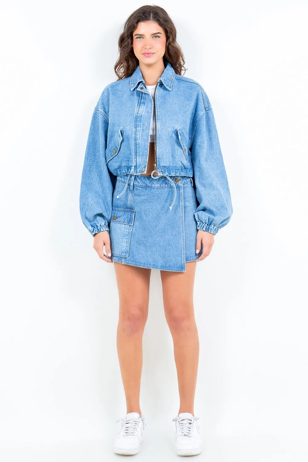 American Bazi Drawstring Waist Crop Denim Jacket - MyriadMart