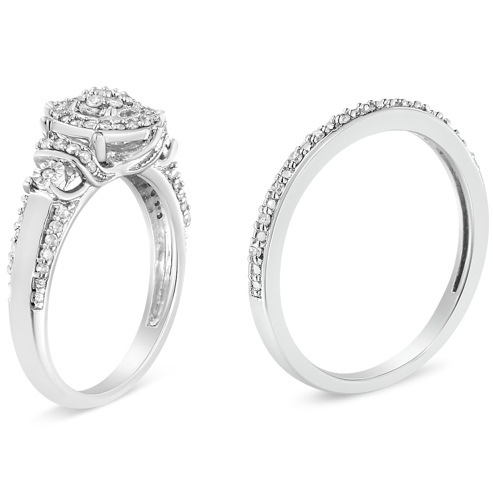 .925 Sterling Silver 1/3 Cttw Diamond 7 Stone Cluster and Halo Engagement Ring and Wedding Band Set I-J Color, I1-I2 Clarity - Size 7 on sale at MyriadMart