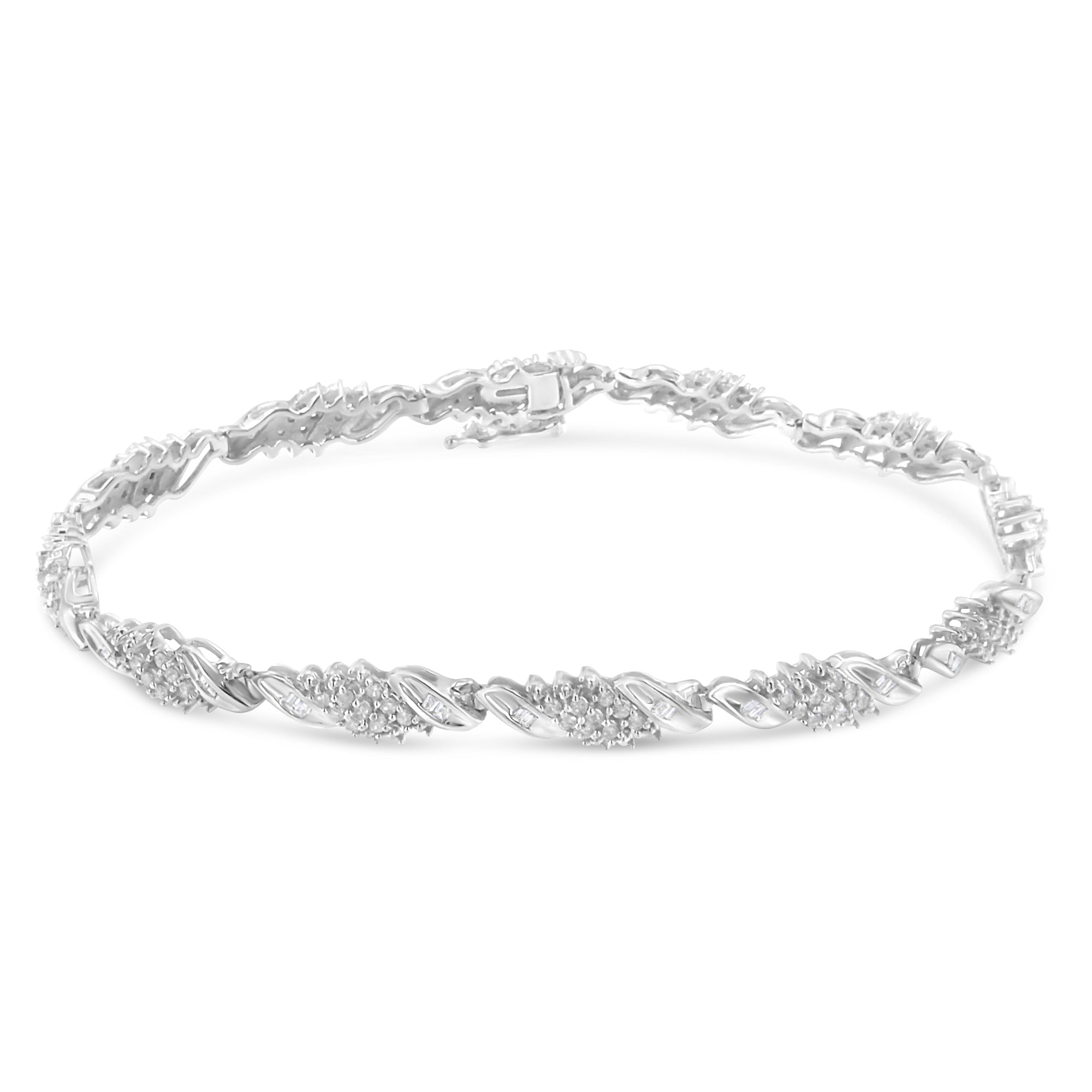 .925 Sterling Silver 1-1/2 Cttw Round and Baguette Cut Diamond Wave Link Bracelet I-J Color, I2-I3 Clarity - 7" on sale at MyriadMart