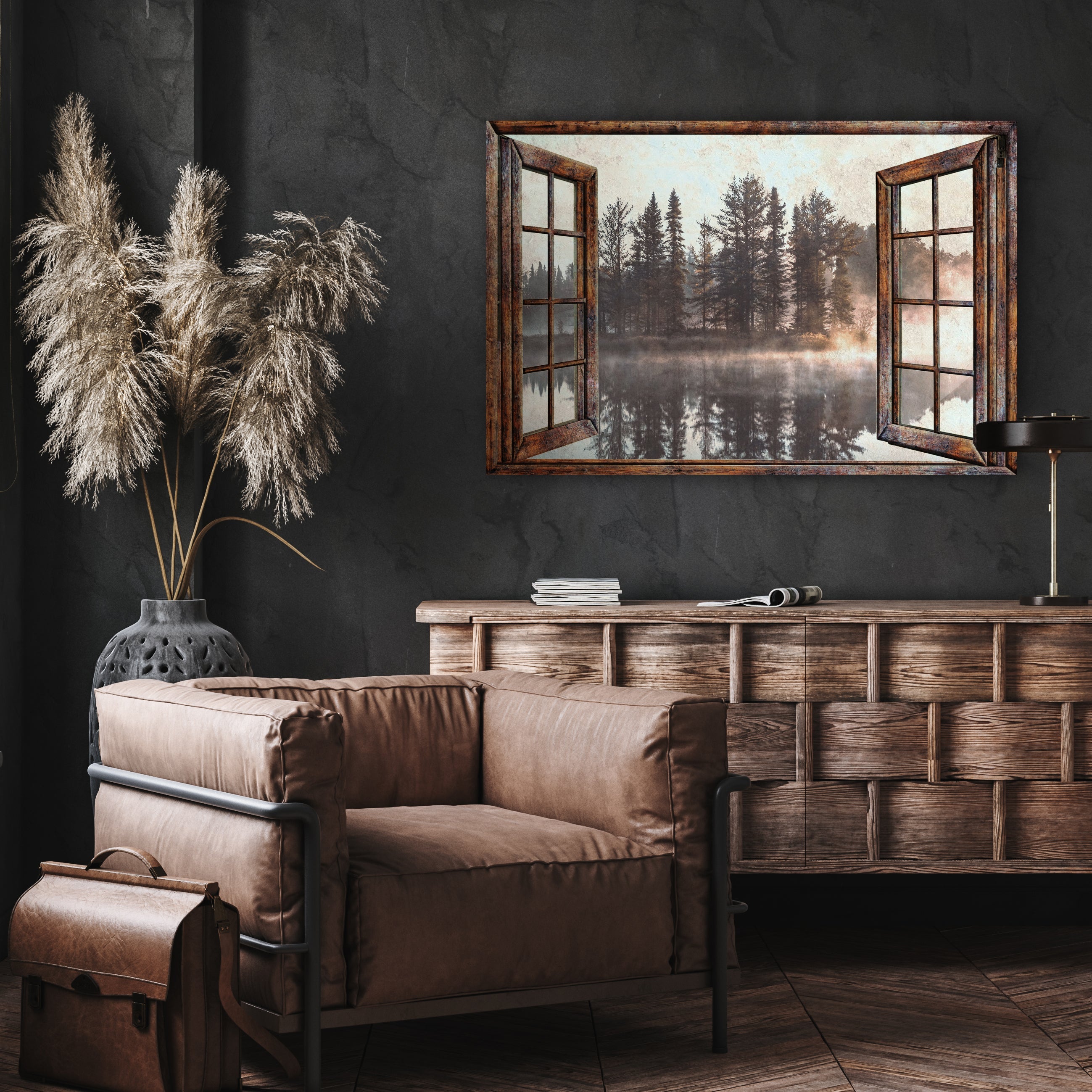 Foggy Autumn Lake View By The Window Canvas Wall Art on sale at MyriadMart